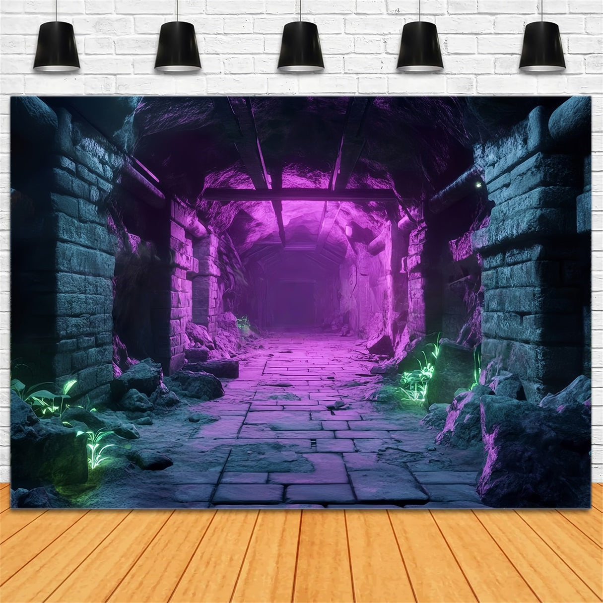 Halloween Ancient Stone Tunnel with Neon Lights Halloween Backdrops for Photos UK TWW58-51