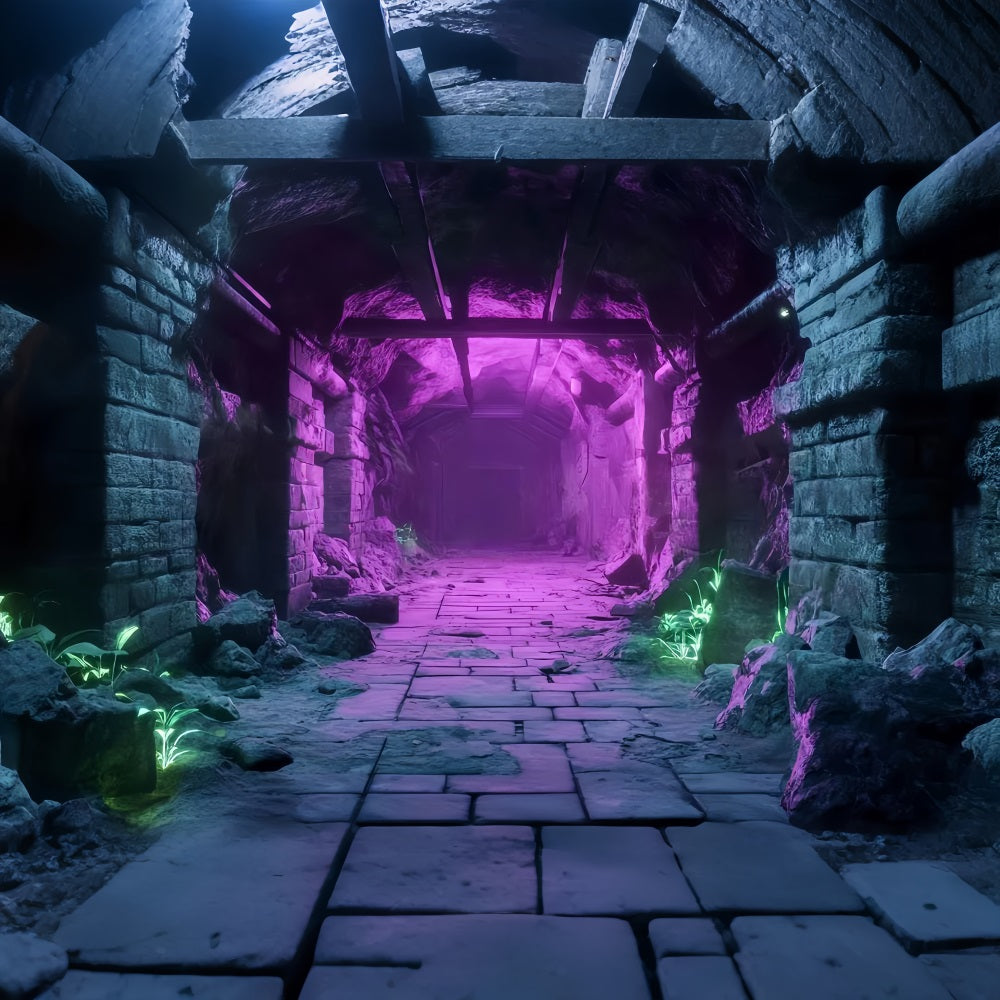 Halloween Ancient Stone Tunnel with Neon Lights Halloween Backdrops for Photos UK TWW58-51