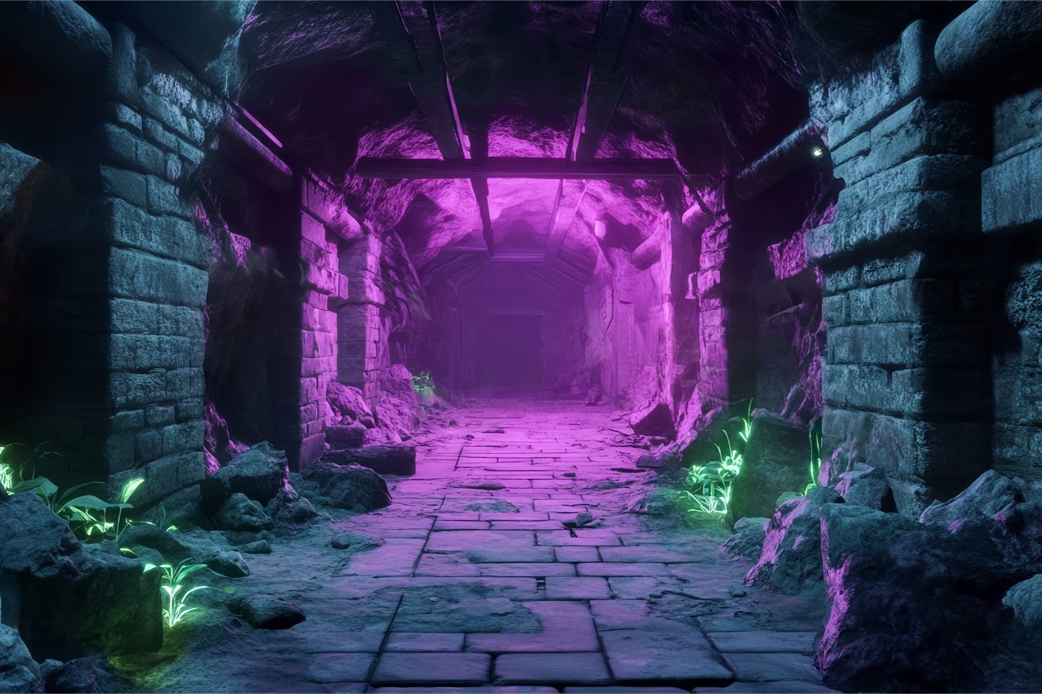 Halloween Ancient Stone Tunnel with Neon Lights Halloween Backdrops for Photos UK TWW58-51