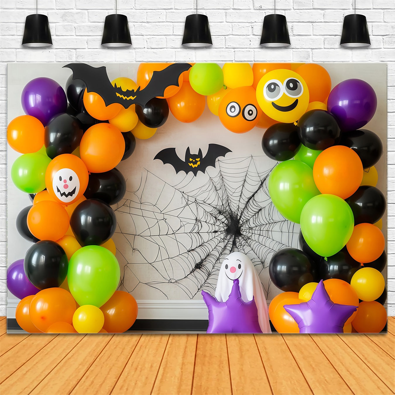 Halloween Wall Backdrop Colorful Balloon Arch with Bats and Ghosts Halloween Backdrops UK TWW58-6