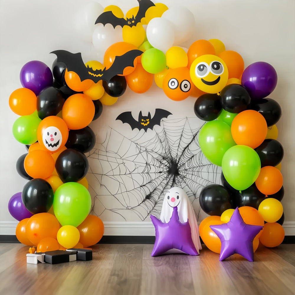 Halloween Wall Backdrop Colorful Balloon Arch with Bats and Ghosts Halloween Backdrops UK TWW58-6