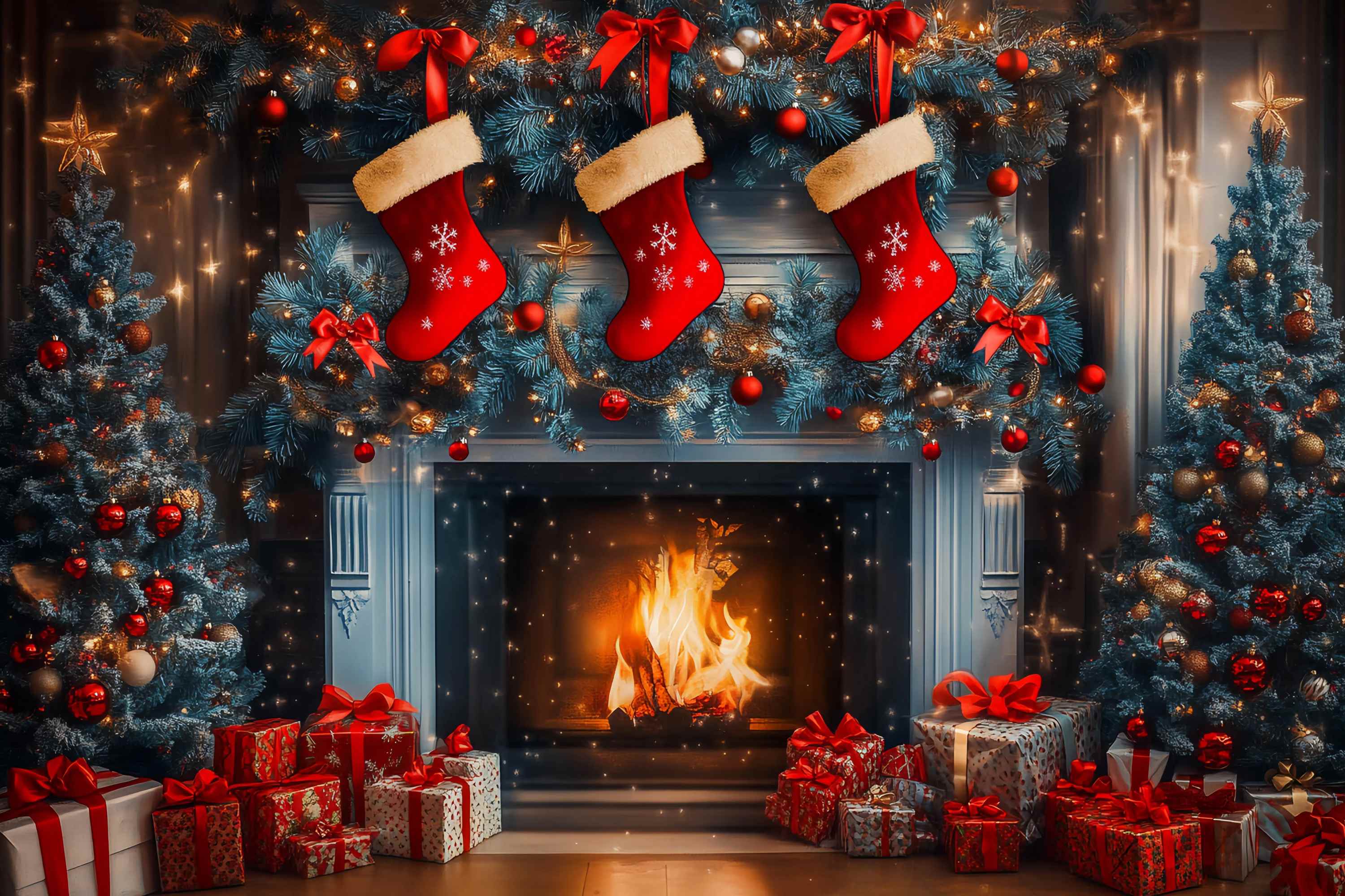 Christmas Fireplace Backdrop Stocking Garland Blue Pine Trees Christmas Backdrops UK TWW58-62