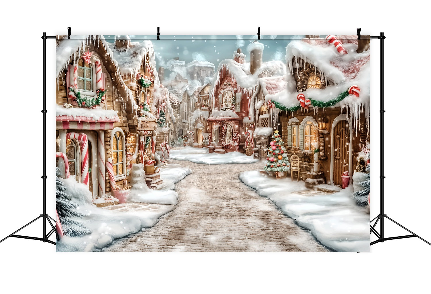 Candyland Christmas Backdrop Frosted Gingerbread Village Candy Cane Path Christmas Photo Backdrop UK TWW58-70
