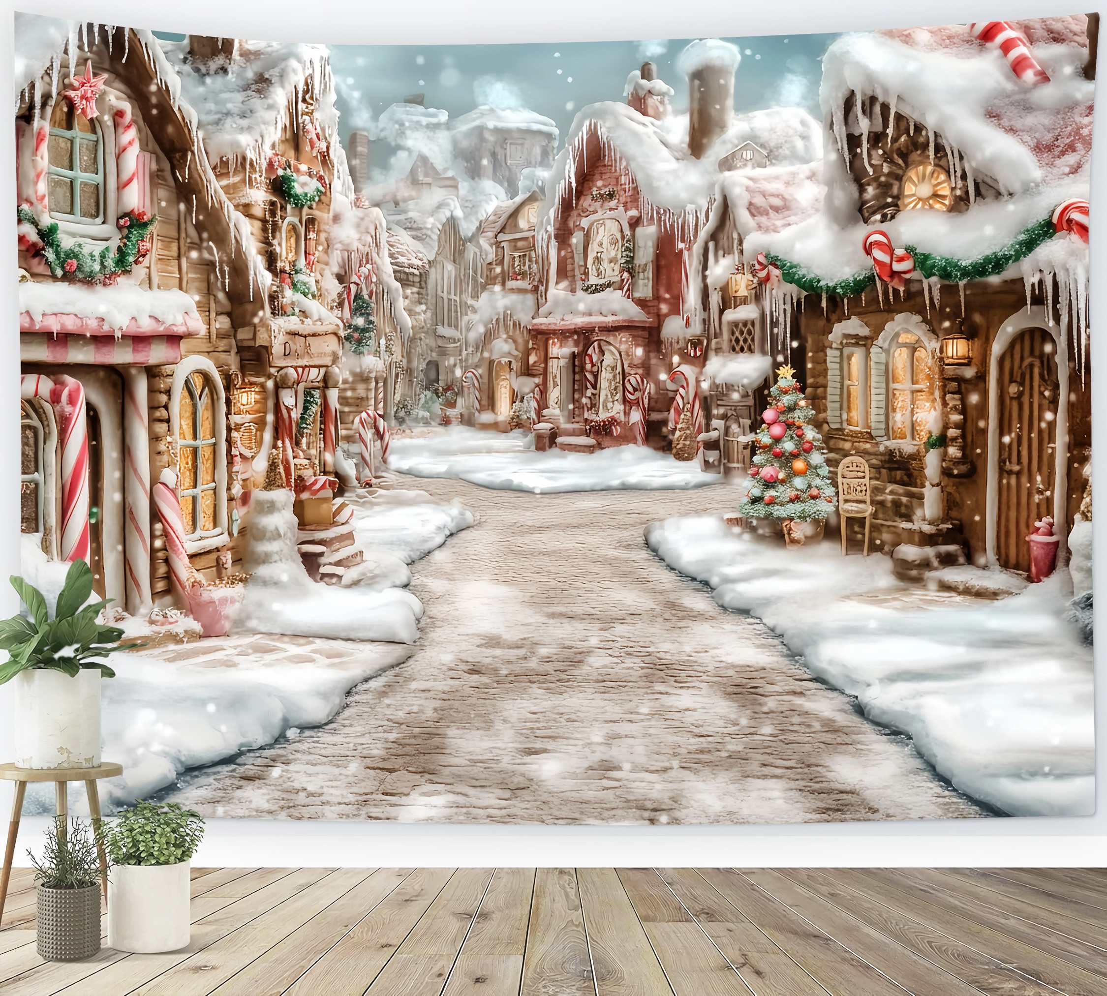 Candyland Christmas Backdrop Frosted Gingerbread Village Candy Cane Path Christmas Photo Backdrop UK TWW58-70