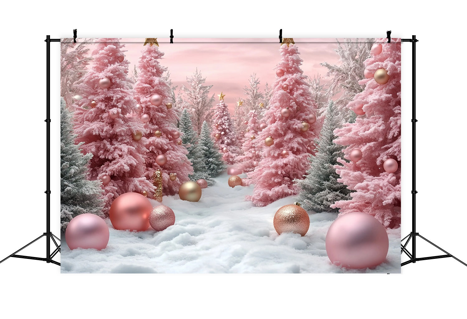 Pink Christmas Backdrop Pink Frosted Christmas Trees Snow Ornaments Christmas Backdrop UK TWW58-71