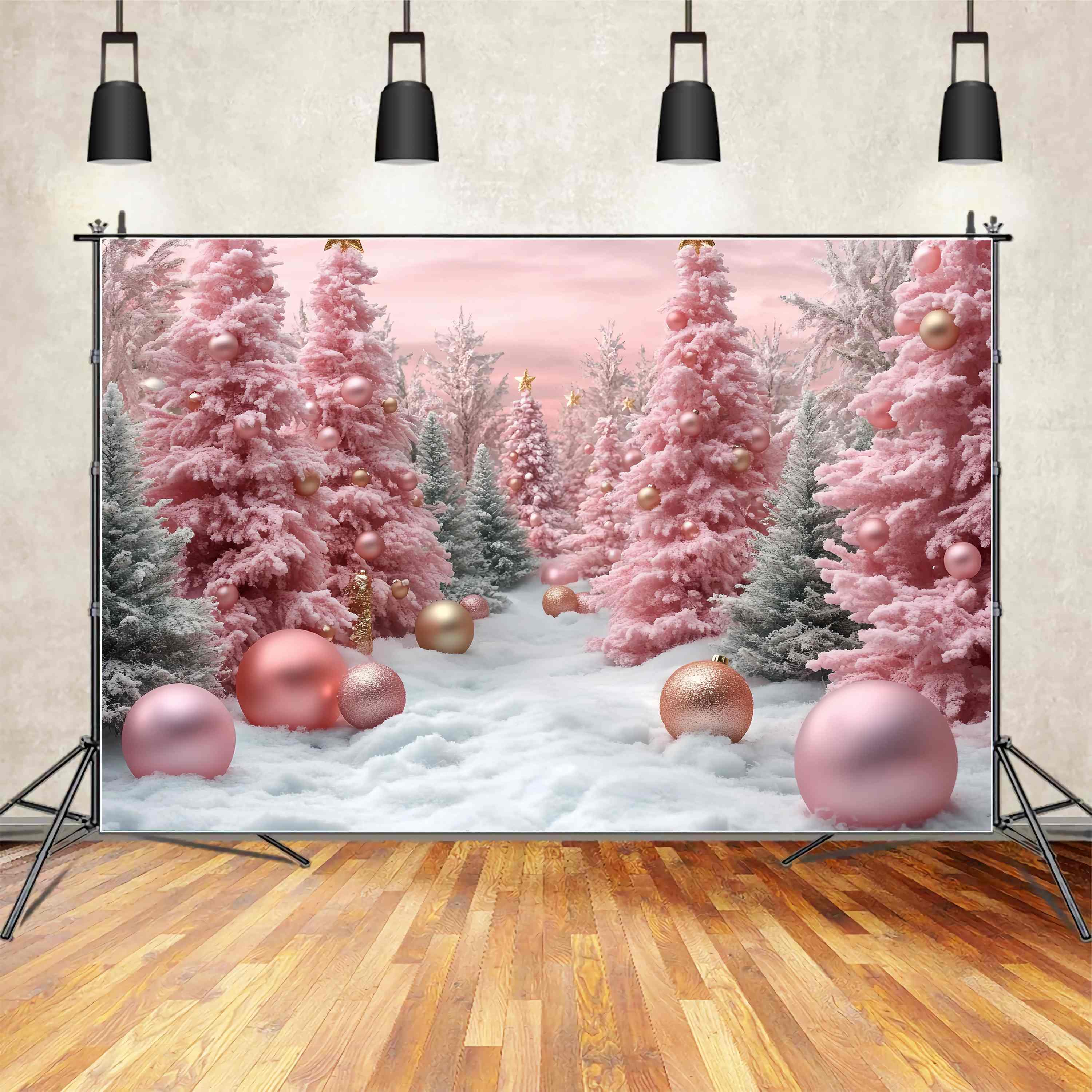 Pink Christmas Backdrop Pink Frosted Christmas Trees Snow Ornaments Christmas Backdrop UK TWW58-71