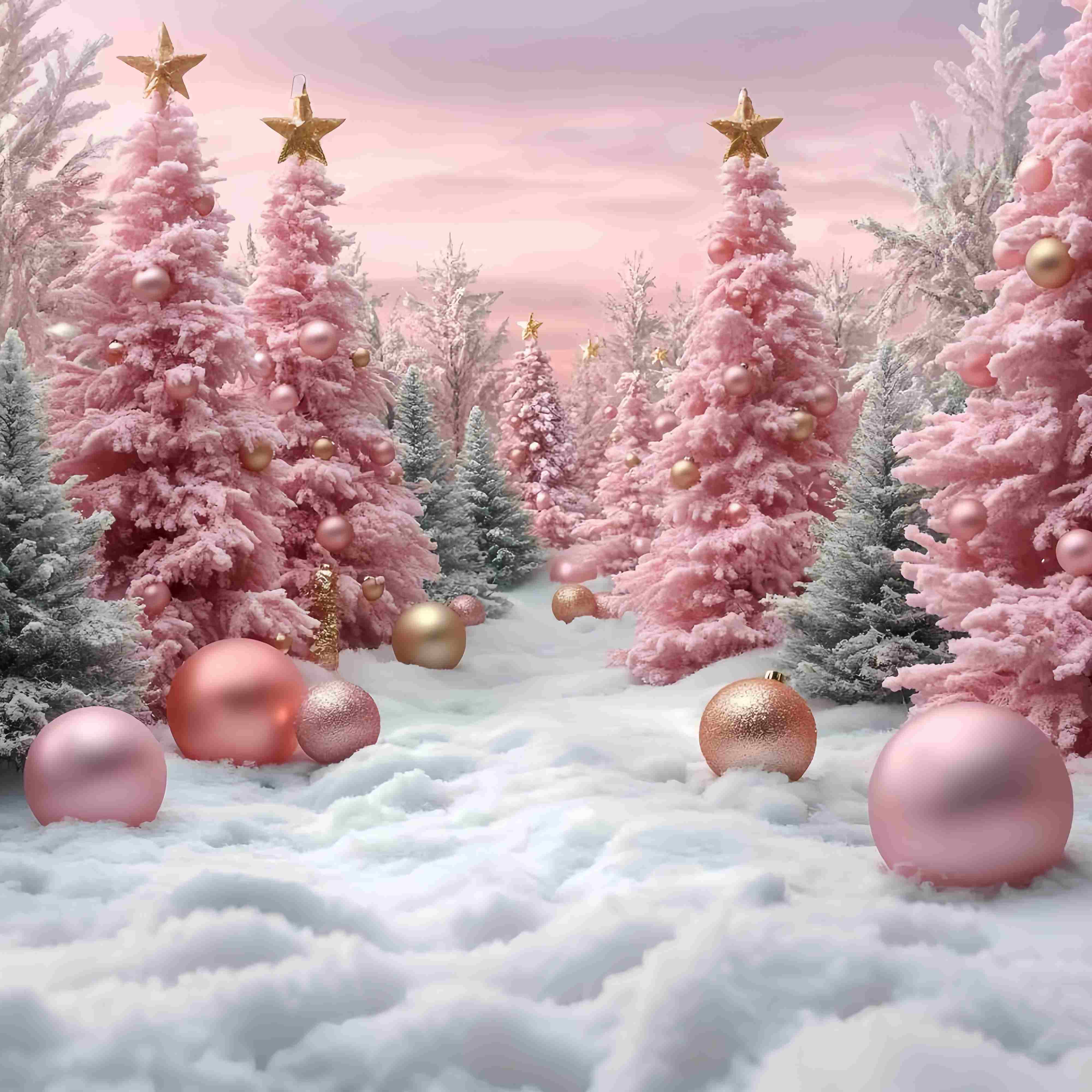 Pink Christmas Backdrop Pink Frosted Christmas Trees Snow Ornaments Christmas Backdrop UK TWW58-71