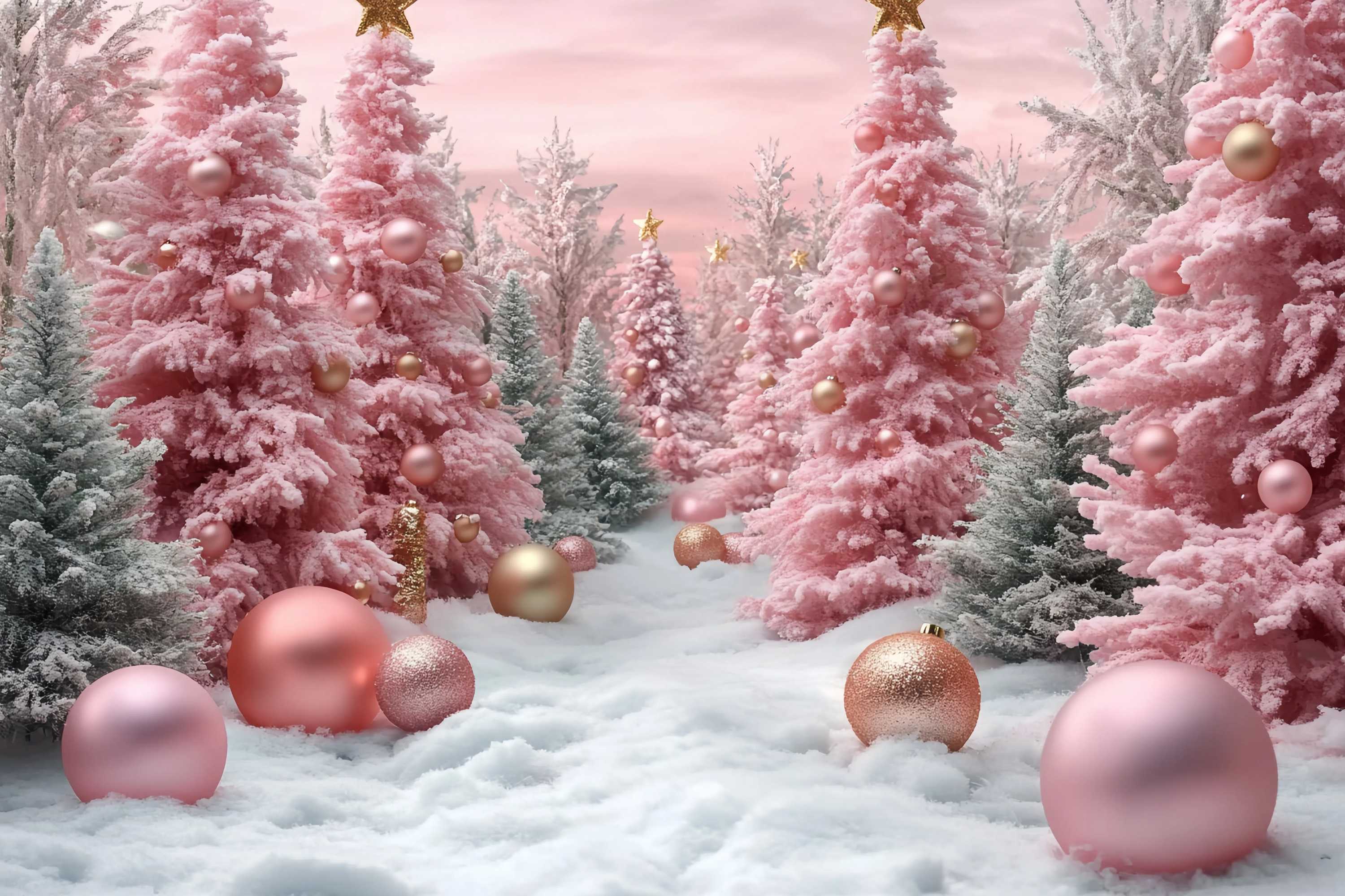 Pink Christmas Backdrop Pink Frosted Christmas Trees Snow Ornaments Christmas Backdrop UK TWW58-71