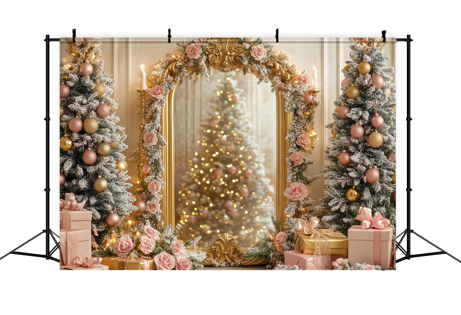 Christmas Tree Backdrop Golden Mirror Pink Rose Tree Glow Christmas Backdrops UK TWW58-75