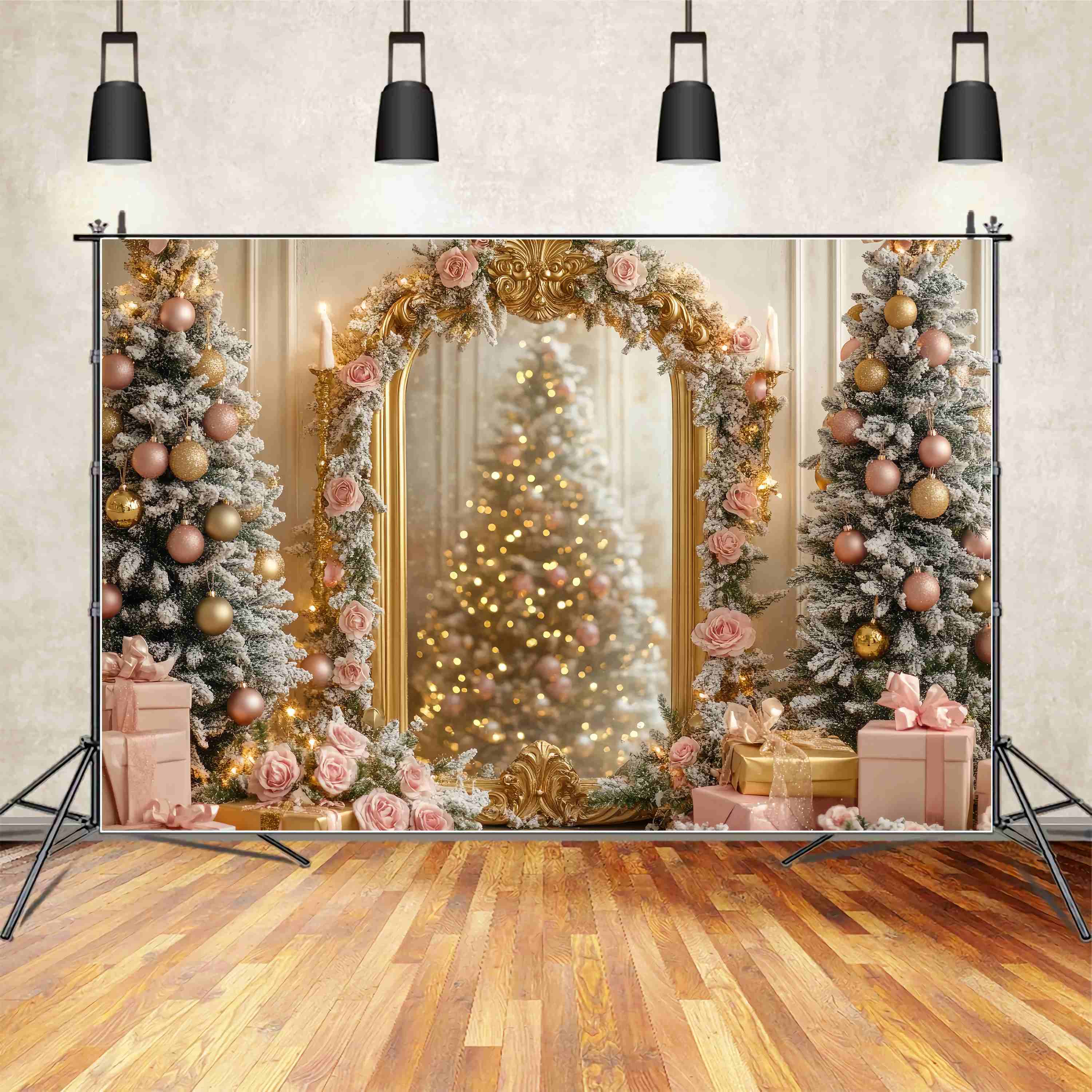 Christmas Tree Backdrop Golden Mirror Pink Rose Tree Glow Christmas Backdrops UK TWW58-75