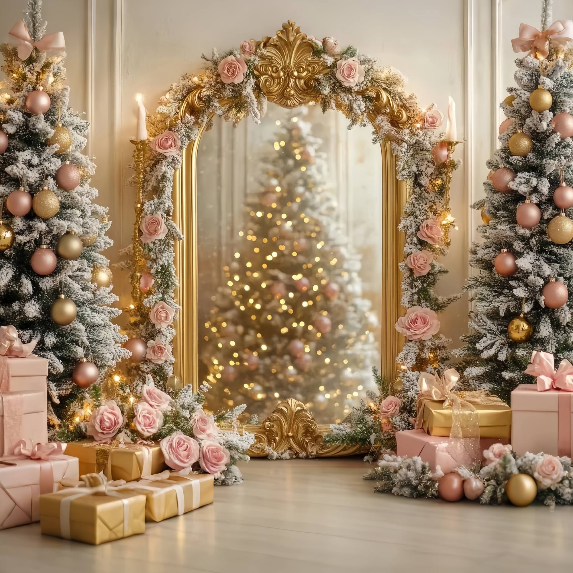 Christmas Tree Backdrop Golden Mirror Pink Rose Tree Glow Christmas Backdrops UK TWW58-75