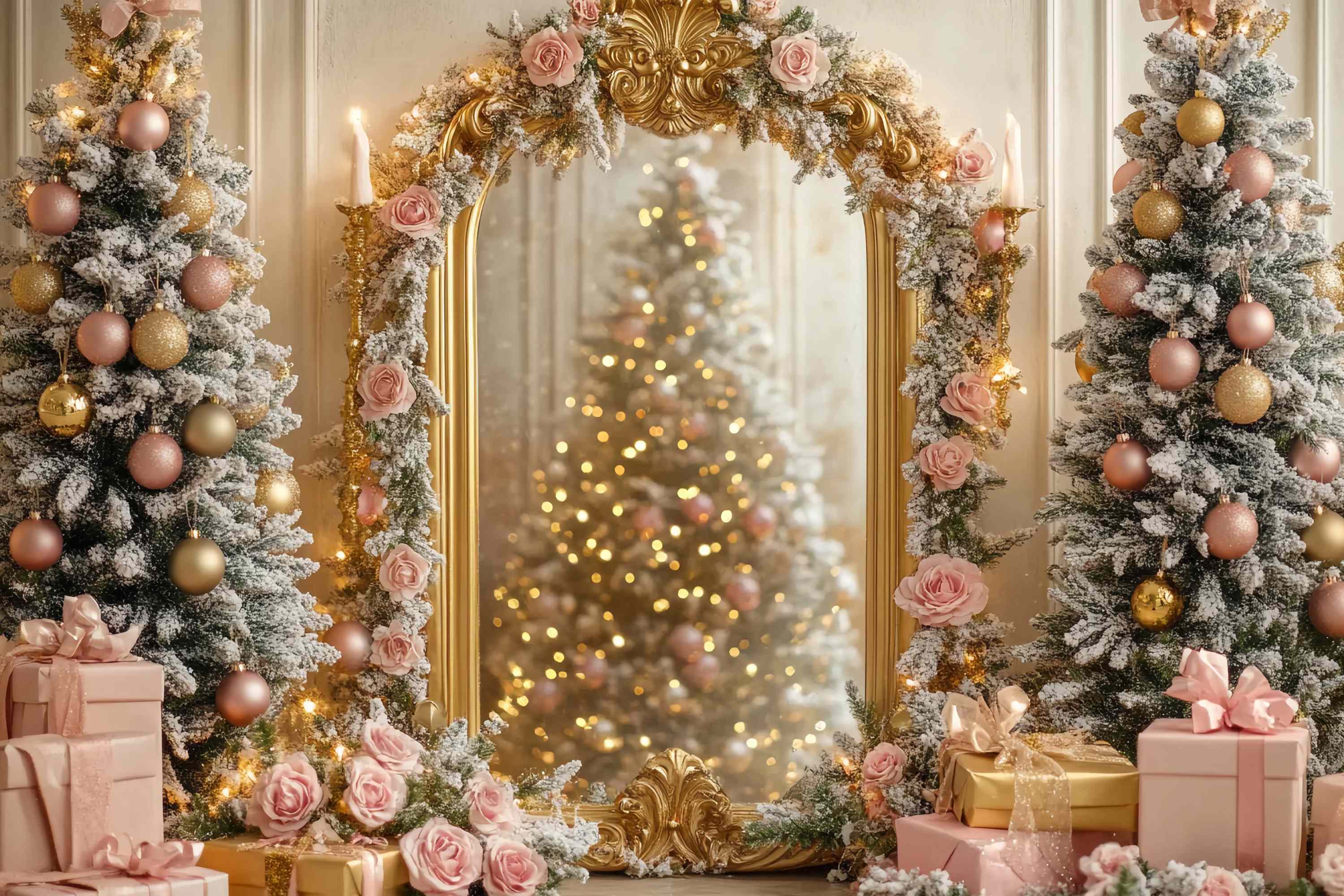 Christmas Tree Backdrop Golden Mirror Pink Rose Tree Glow Christmas Backdrops UK TWW58-75