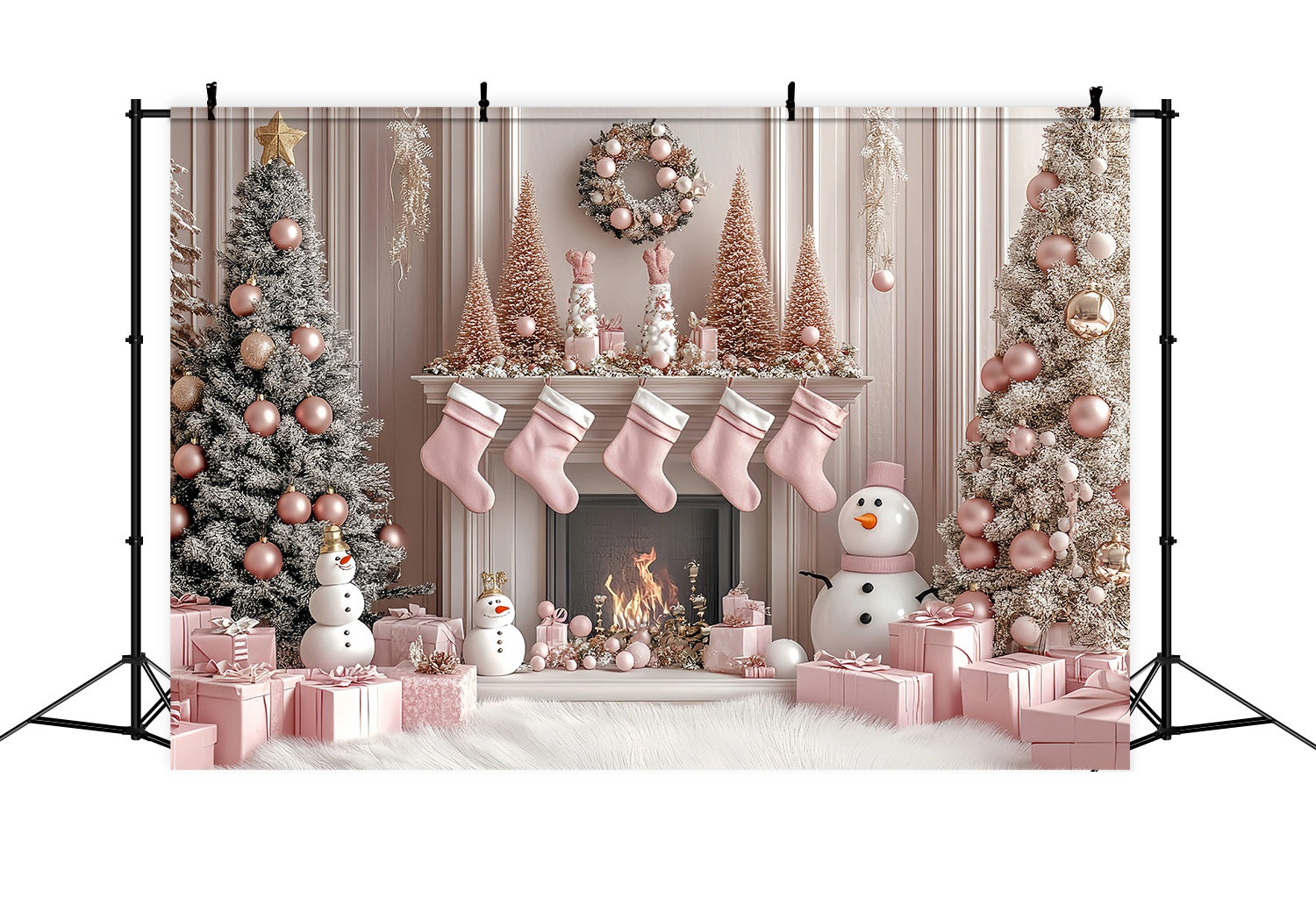 Pink Christmas Backdrop Pink Snowman Fireplace Stocking Wonderland Christmas Backdrop Ideas UK TWW58-77