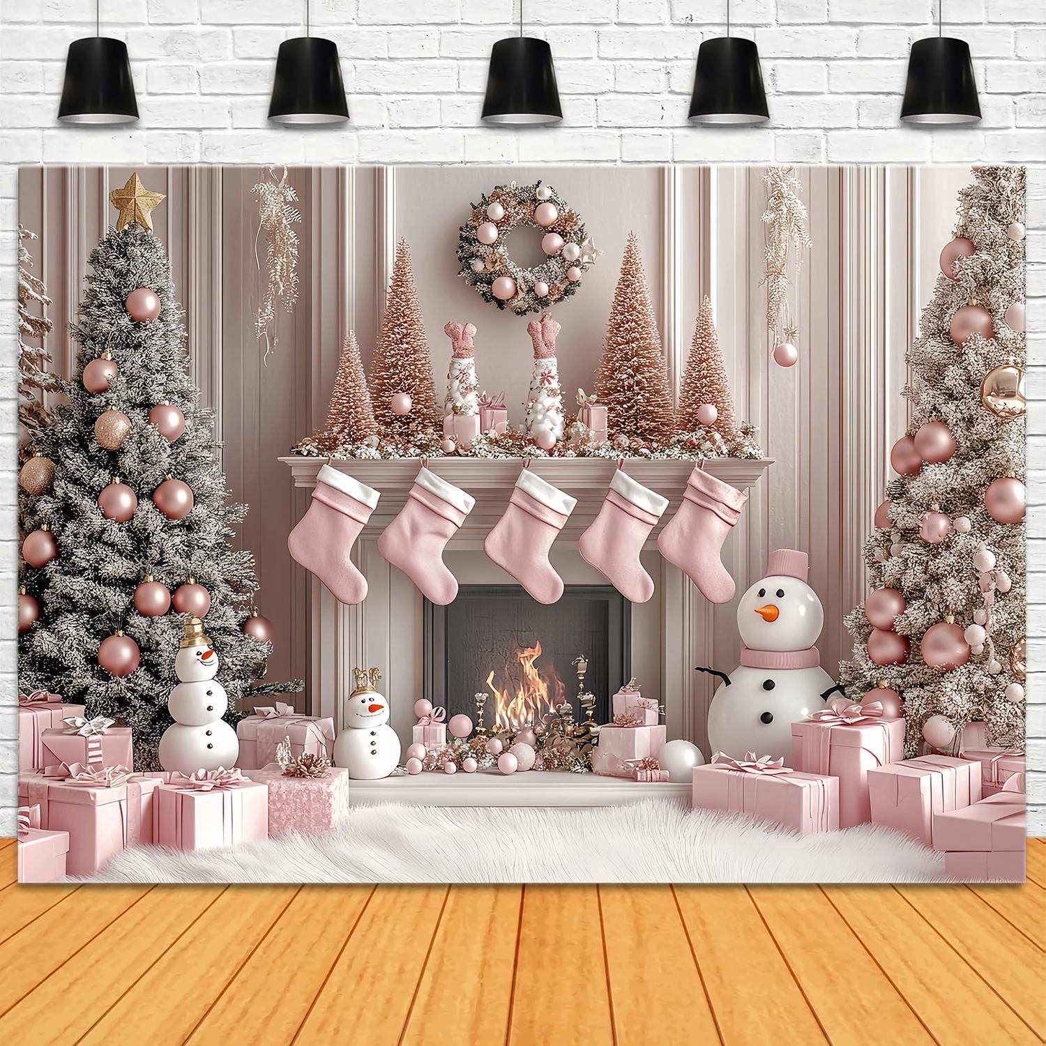 Pink Christmas Backdrop Pink Snowman Fireplace Stocking Wonderland Christmas Backdrop Ideas UK TWW58-77