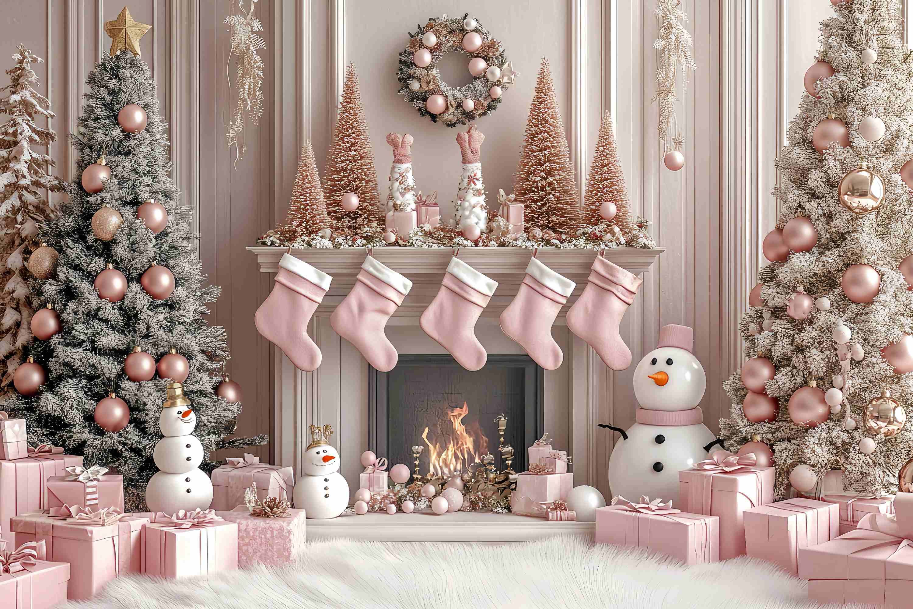 Pink Christmas Backdrop Pink Snowman Fireplace Stocking Wonderland Christmas Backdrop Ideas UK TWW58-77