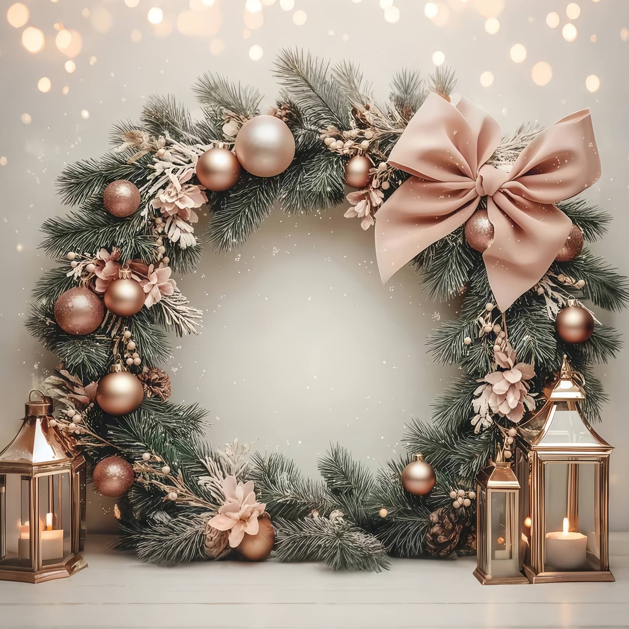 Pink Christmas Backdrop Blush Bauble Pine Wreath Lantern Glow Christmas Photography Backdrops UK TWW58-78