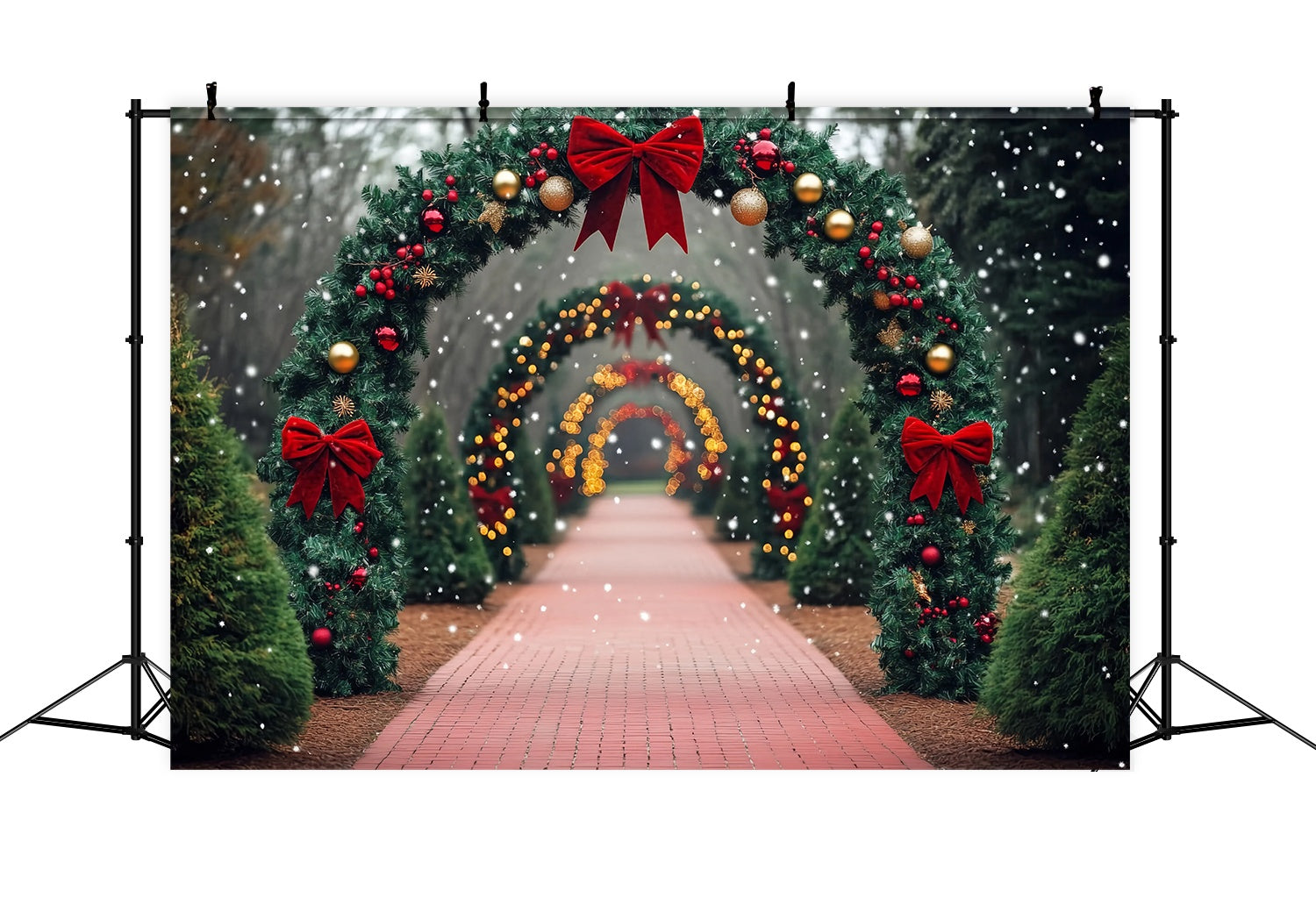 Christmas Tree Farm Backdrop Snowy Path Red Bow Archway Lights Christmas Backdrops Sale UK TWW58-79