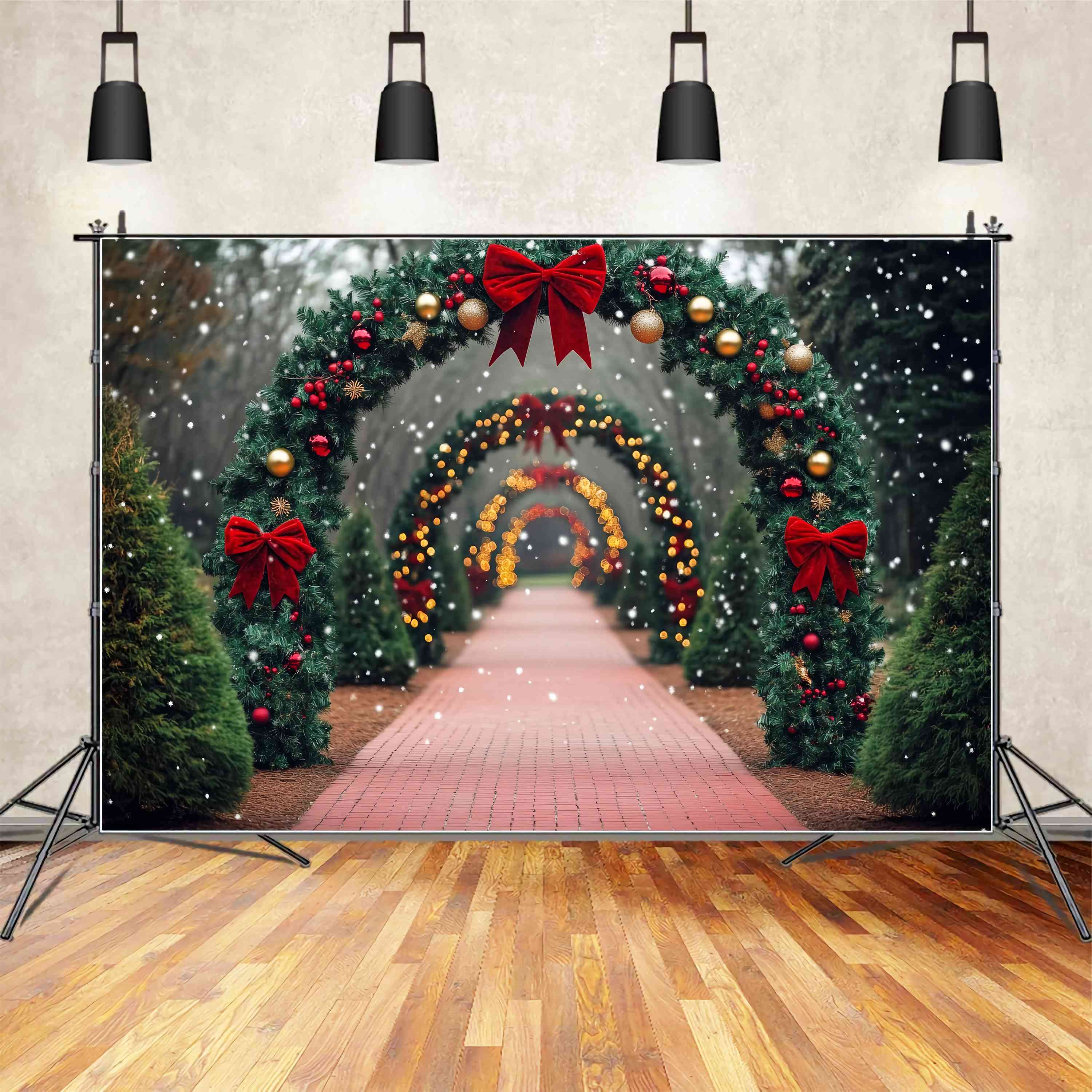 Christmas Tree Farm Backdrop Snowy Path Red Bow Archway Lights Christmas Backdrops Sale UK TWW58-79