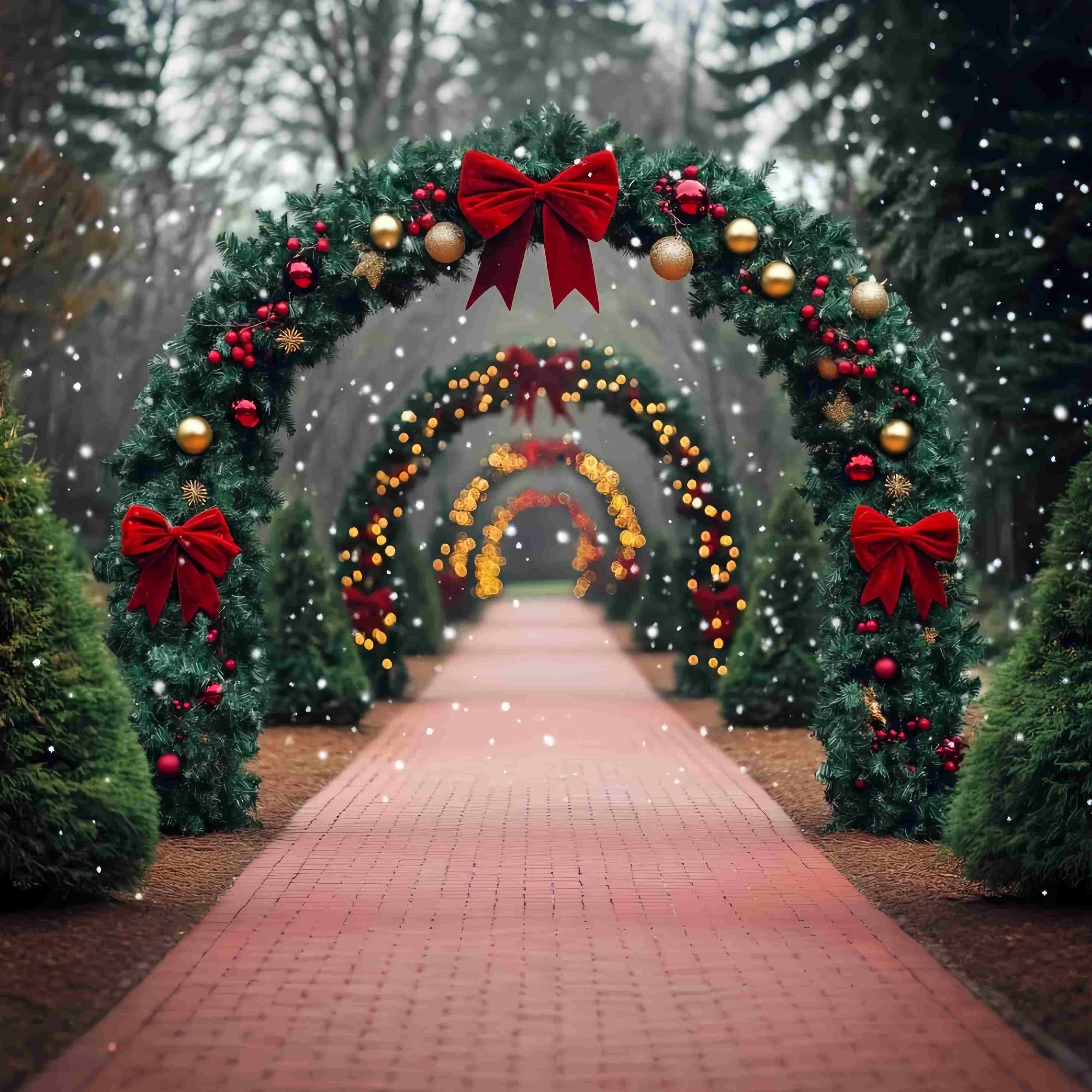 Christmas Tree Farm Backdrop Snowy Path Red Bow Archway Lights Christmas Backdrops Sale UK TWW58-79