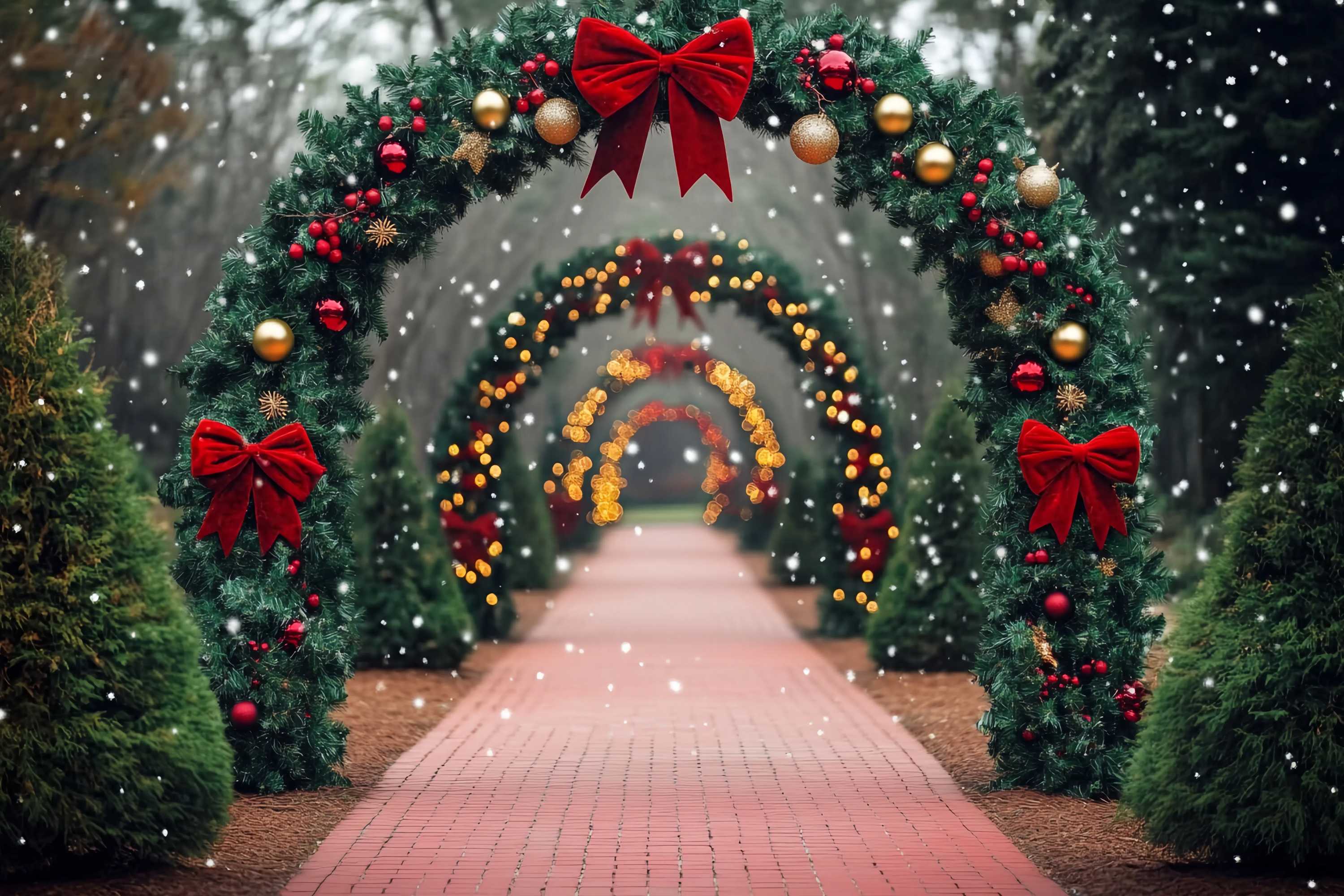 Christmas Tree Farm Backdrop Snowy Path Red Bow Archway Lights Christmas Backdrops Sale UK TWW58-79