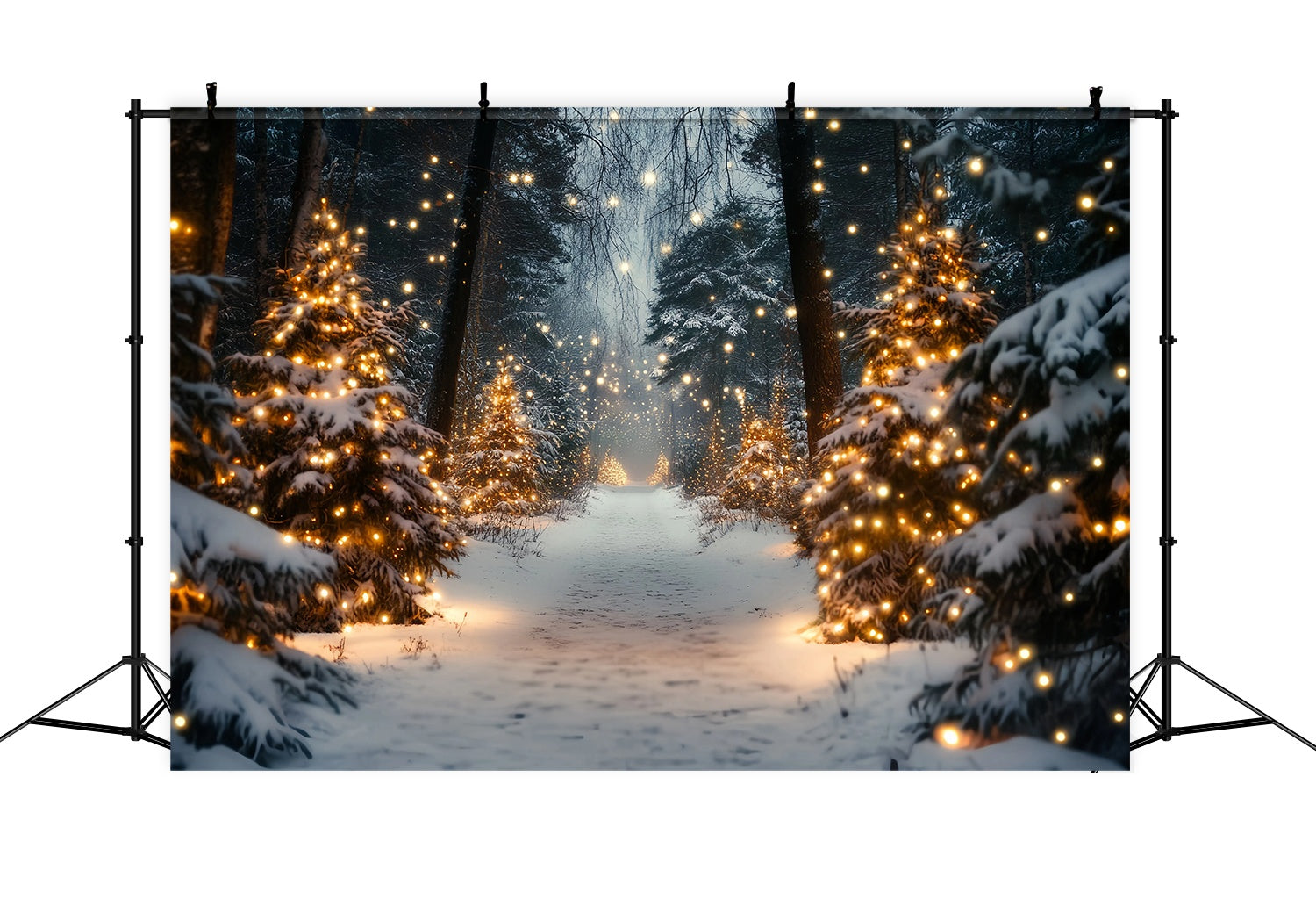 Christmas Tree Farm Backdrop Golden Light Snowy Forest Pathway Christmas Photography Backdrops UK TWW58-80