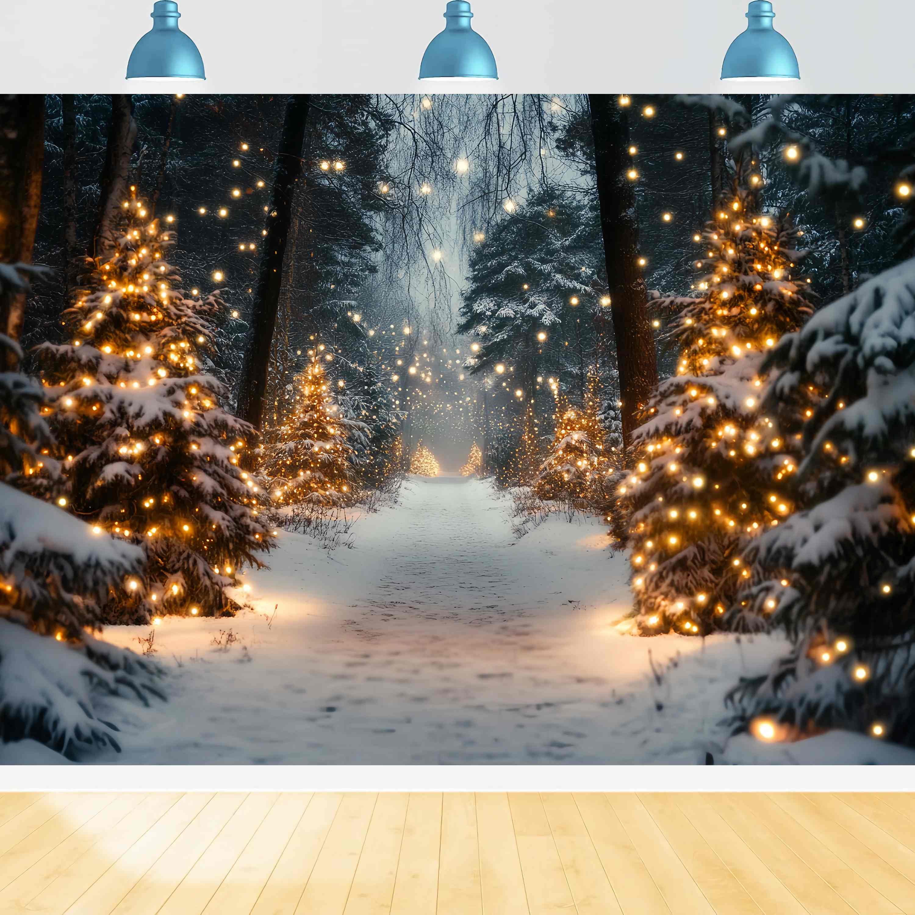 Christmas Tree Farm Backdrop Golden Light Snowy Forest Pathway Christmas Photography Backdrops UK TWW58-80
