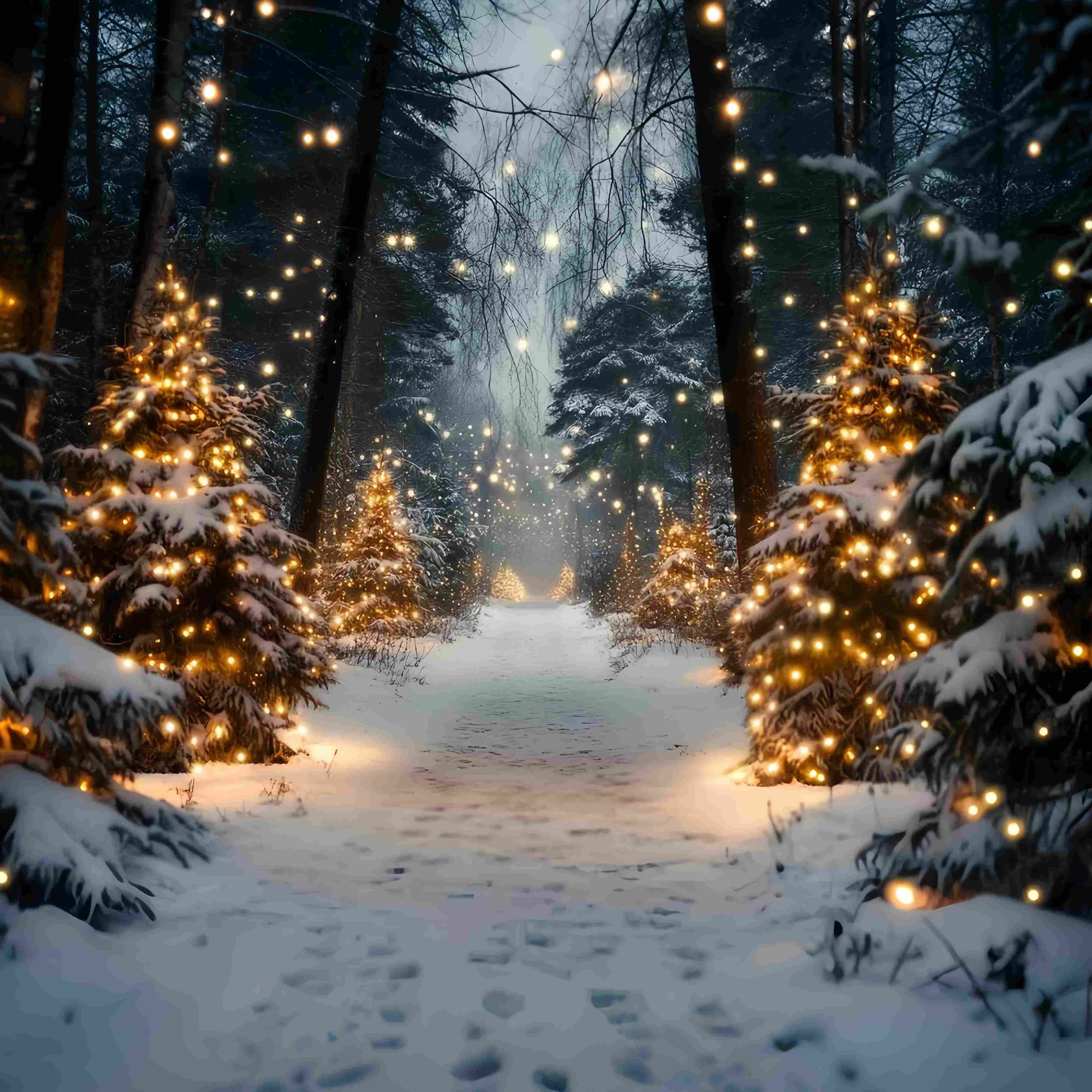 Christmas Tree Farm Backdrop Golden Light Snowy Forest Pathway Christmas Photography Backdrops UK TWW58-80