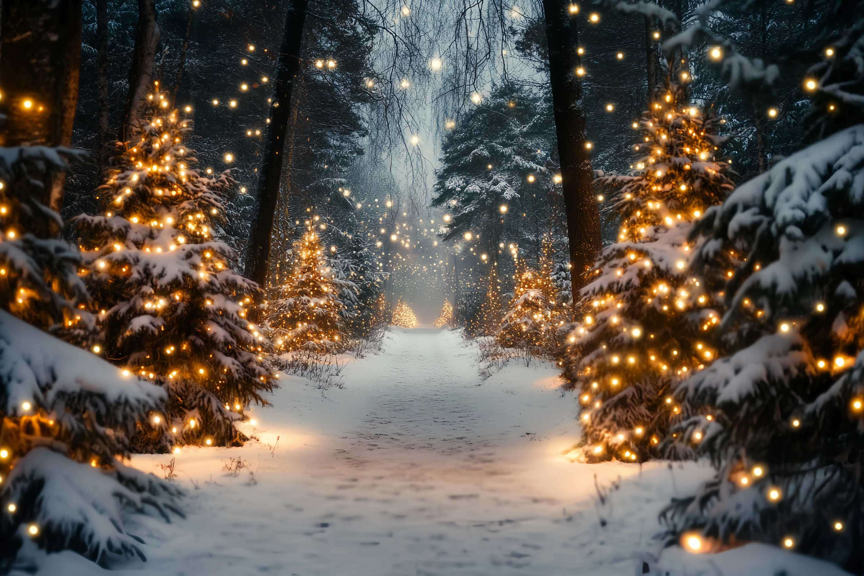 Christmas Tree Farm Backdrop Golden Light Snowy Forest Pathway Christmas Photography Backdrops UK TWW58-80