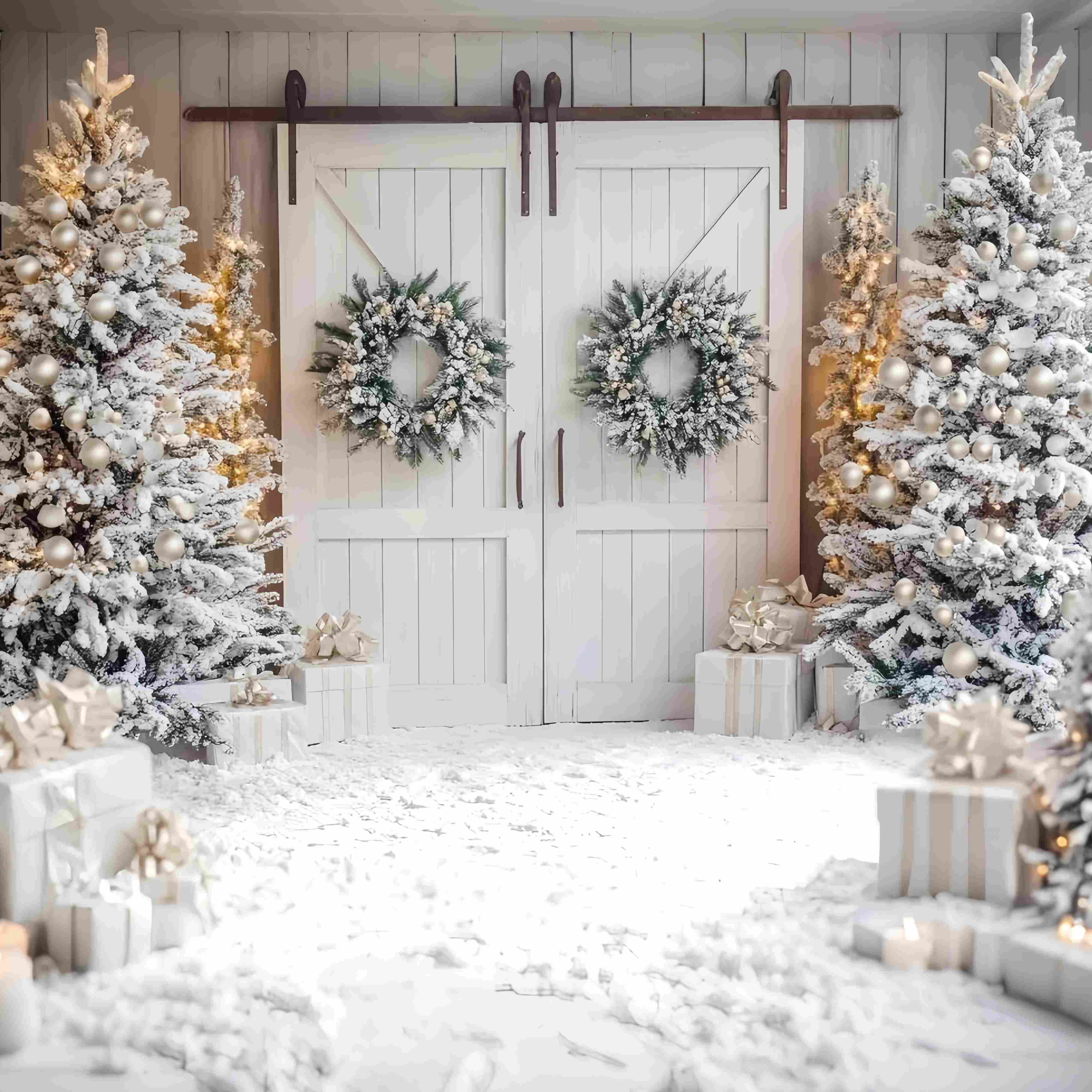 White Christmas Backdrop Snowy Trees White Barn Door Wreaths Christmas Backdrop for Photos UK TWW58-81