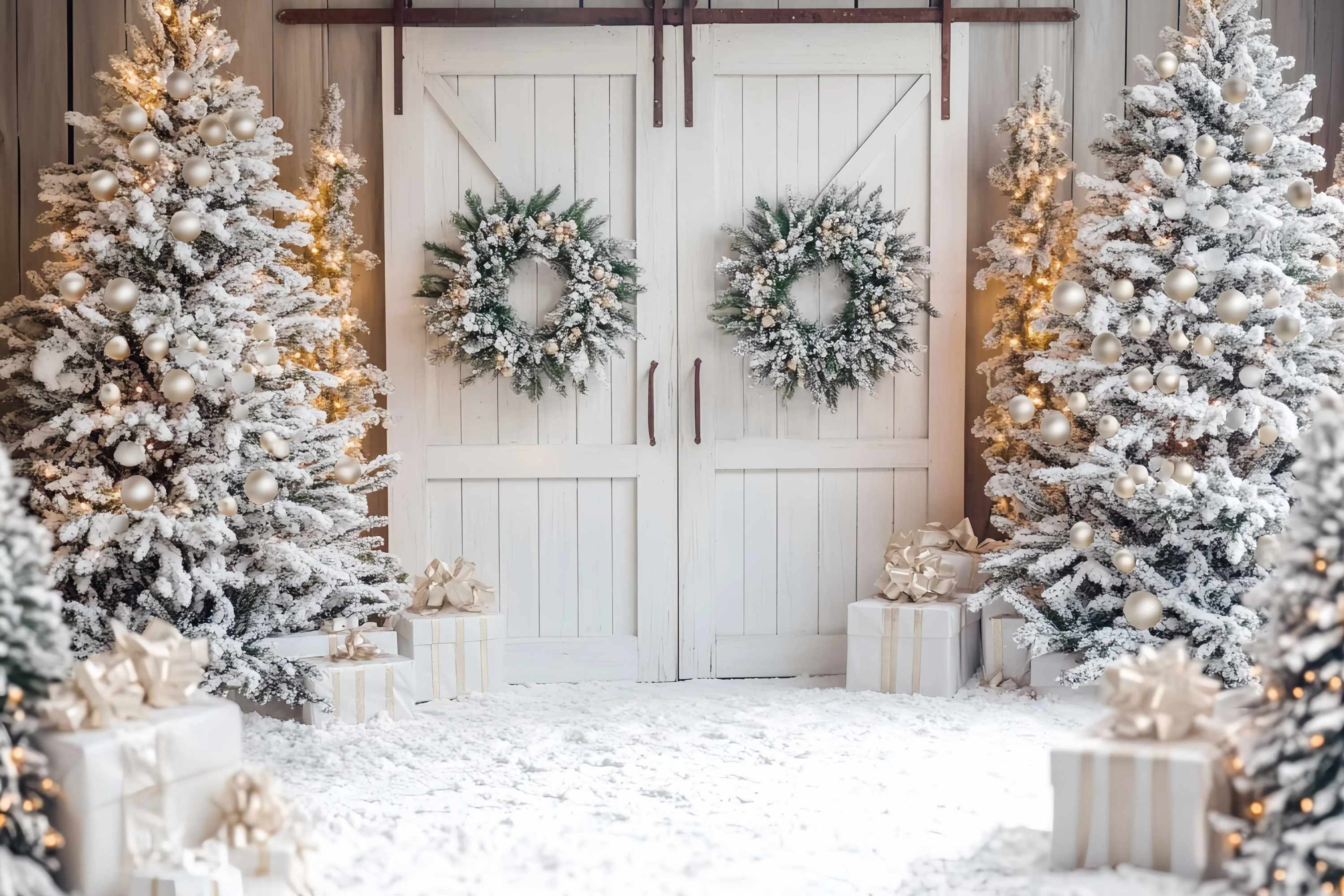 White Christmas Backdrop Snowy Trees White Barn Door Wreaths Christmas Backdrop for Photos UK TWW58-81