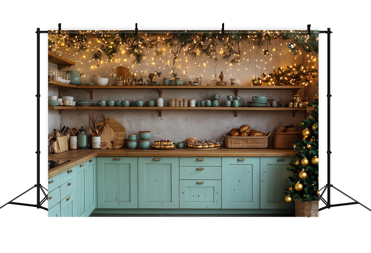 Christmas Kitchen Backdrop Rustic Kitchen Christmas Bakery Decor Christmas Backdrops 10x10 UK TWW58-83