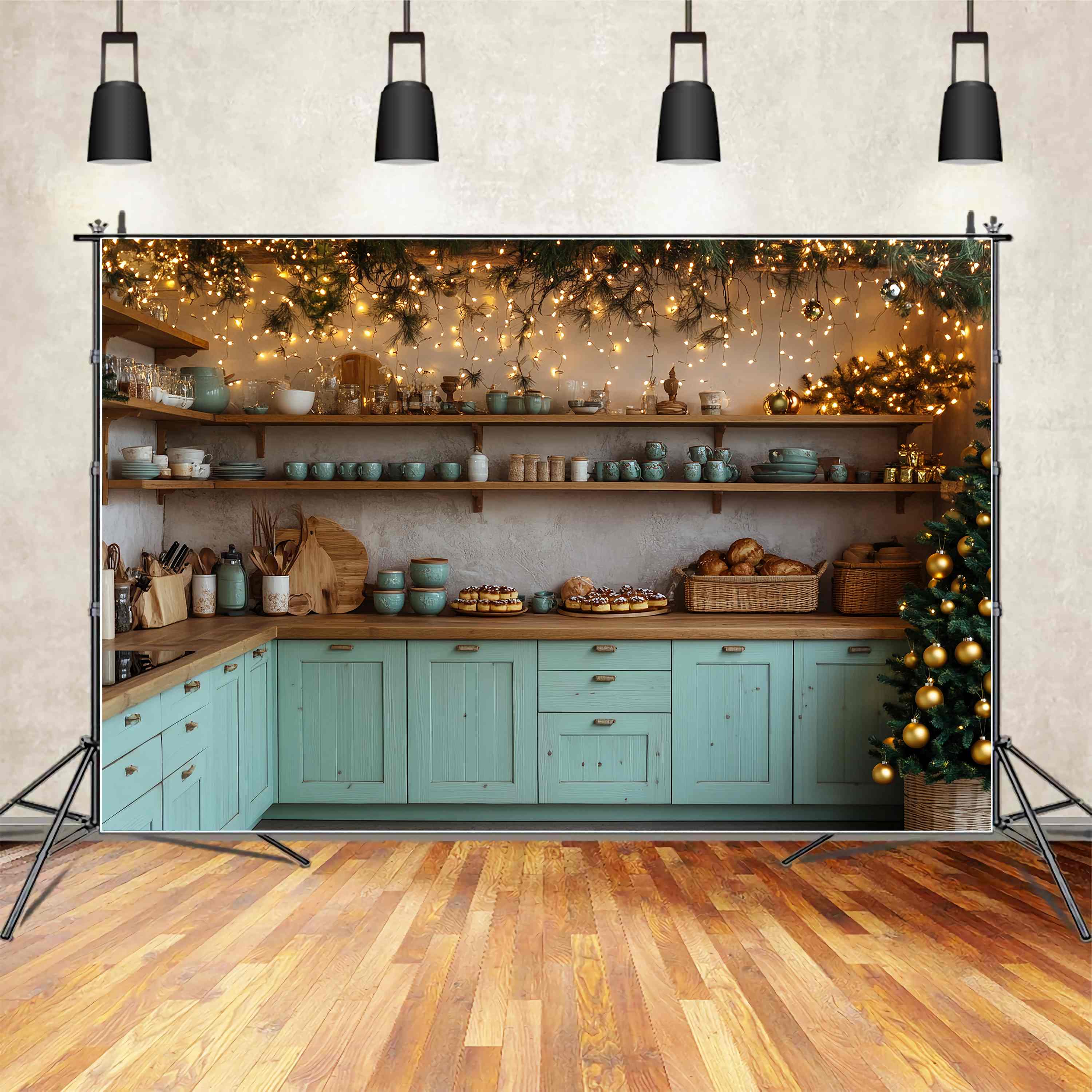 Christmas Kitchen Backdrop Rustic Kitchen Christmas Bakery Decor Christmas Backdrops 10x10 UK TWW58-83