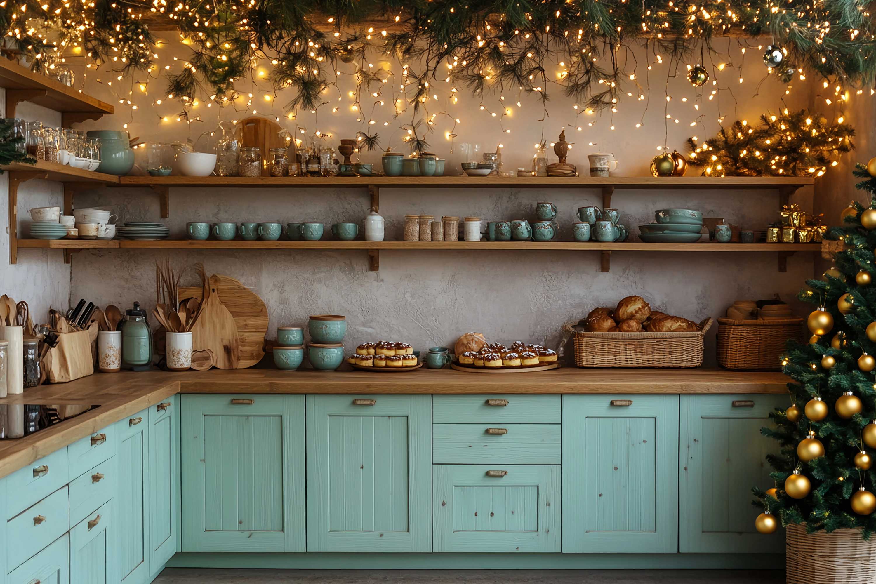 Christmas Kitchen Backdrop Rustic Kitchen Christmas Bakery Decor Christmas Backdrops 10x10 UK TWW58-83