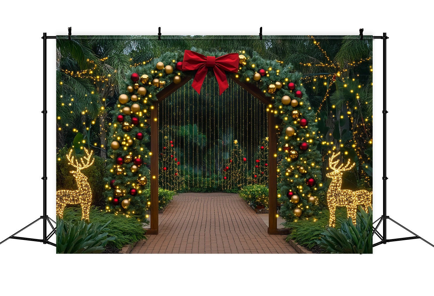 Christmas Tree Farm Backdrop Golden Archway Reindeer Light Display Christmas Backdrop for Photos UK TWW58-85