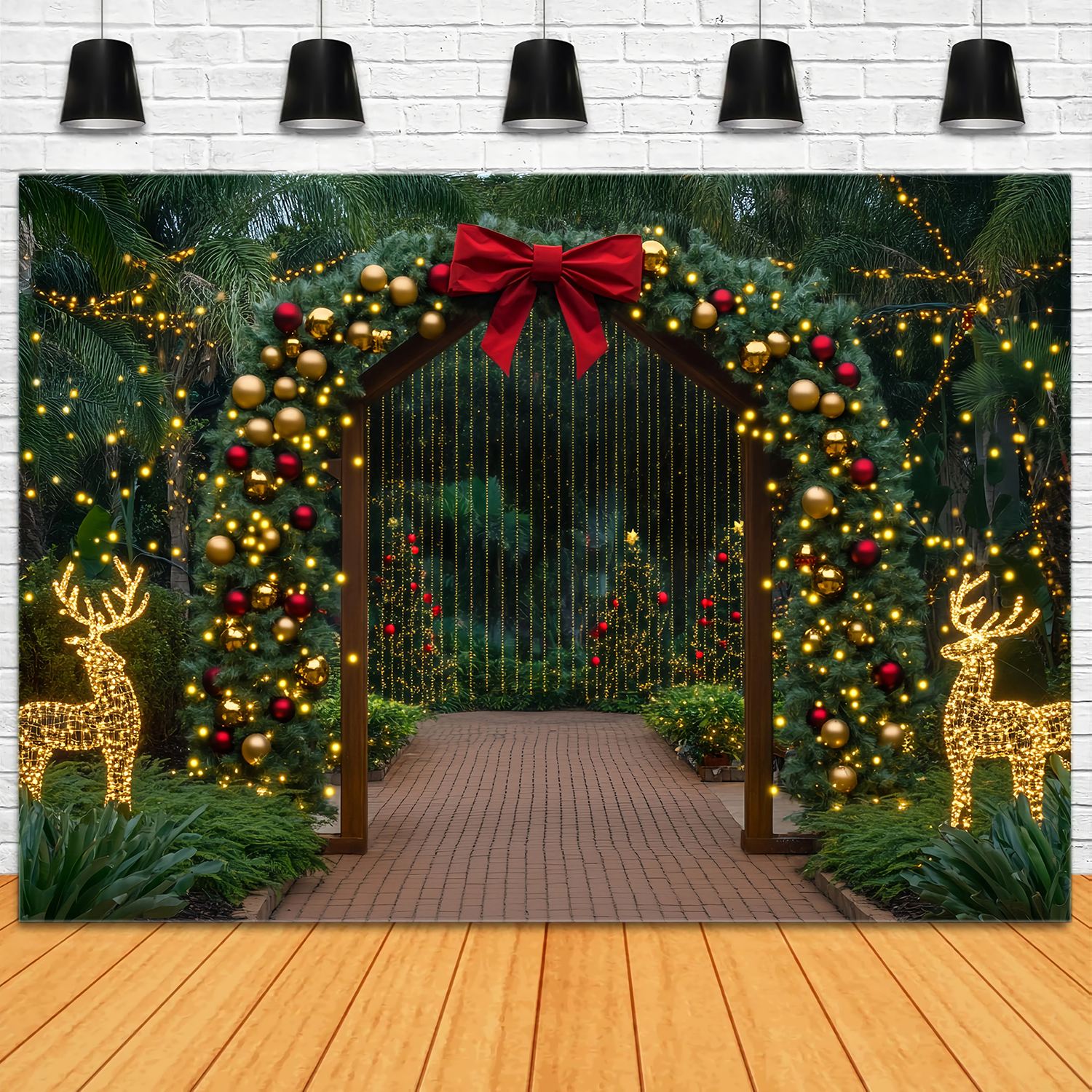 Christmas Tree Farm Backdrop Golden Archway Reindeer Light Display Christmas Backdrop for Photos UK TWW58-85
