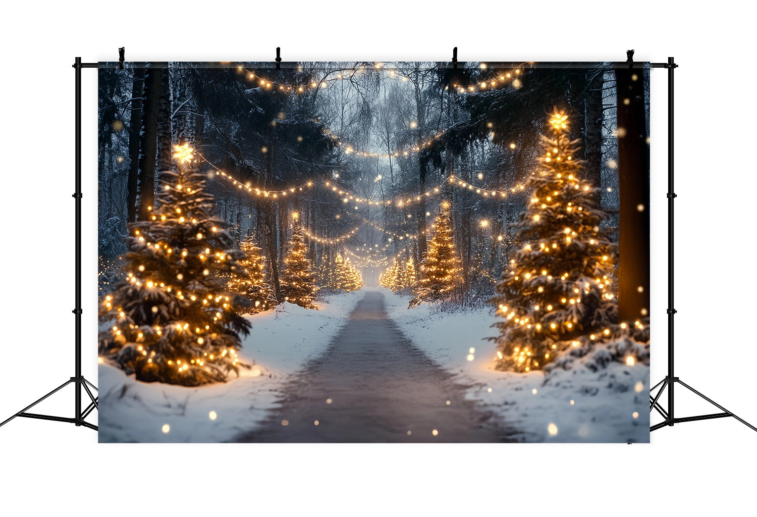 Christmas Tree Farm Backdrop Snowy Forest Pathway Golden Lights Christmas Photo Backdrops UK TWW58-89