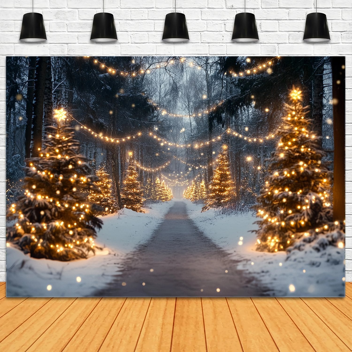 Christmas Tree Farm Backdrop Snowy Forest Pathway Golden Lights Christmas Photo Backdrops UK TWW58-89