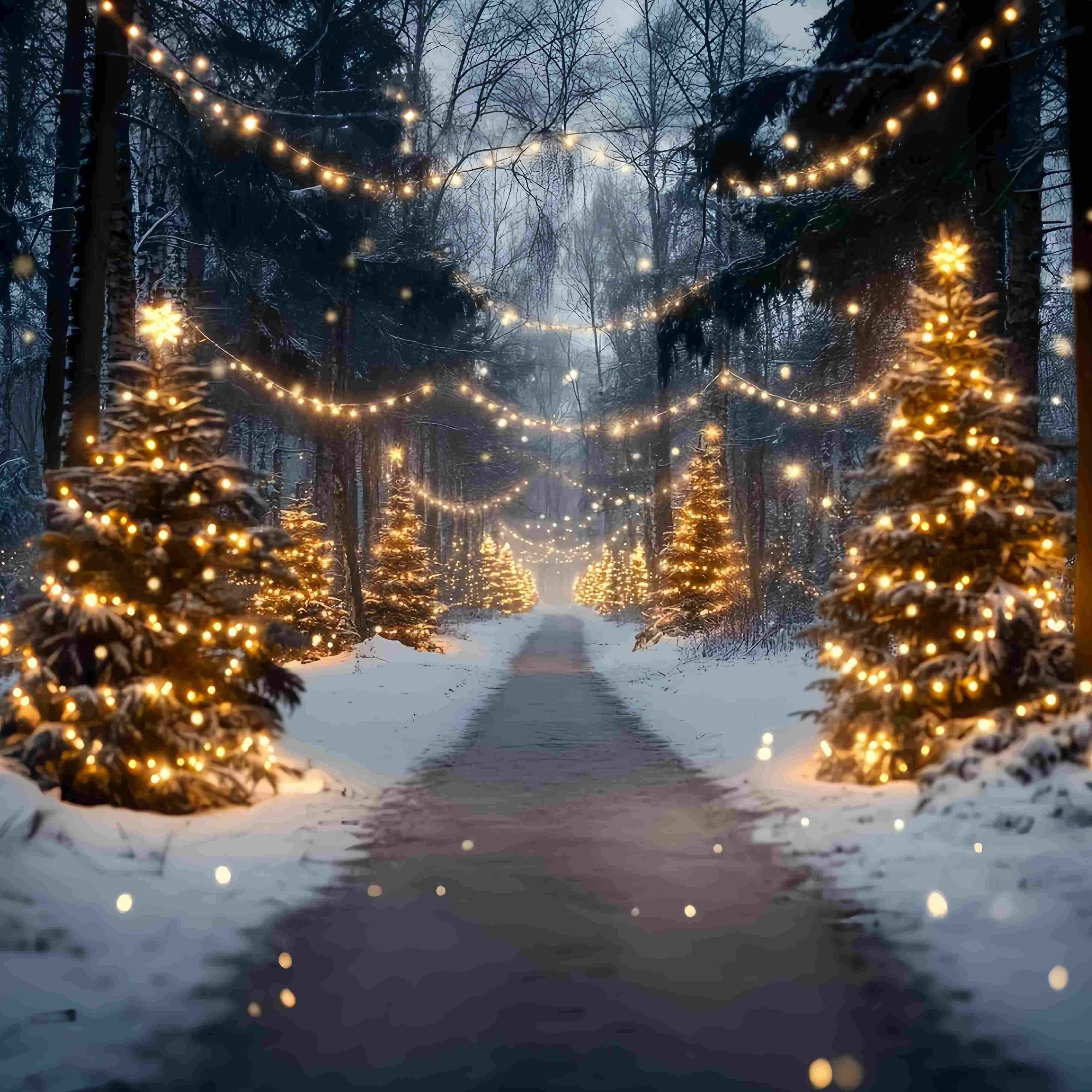 Christmas Tree Farm Backdrop Snowy Forest Pathway Golden Lights Christmas Photo Backdrops UK TWW58-89