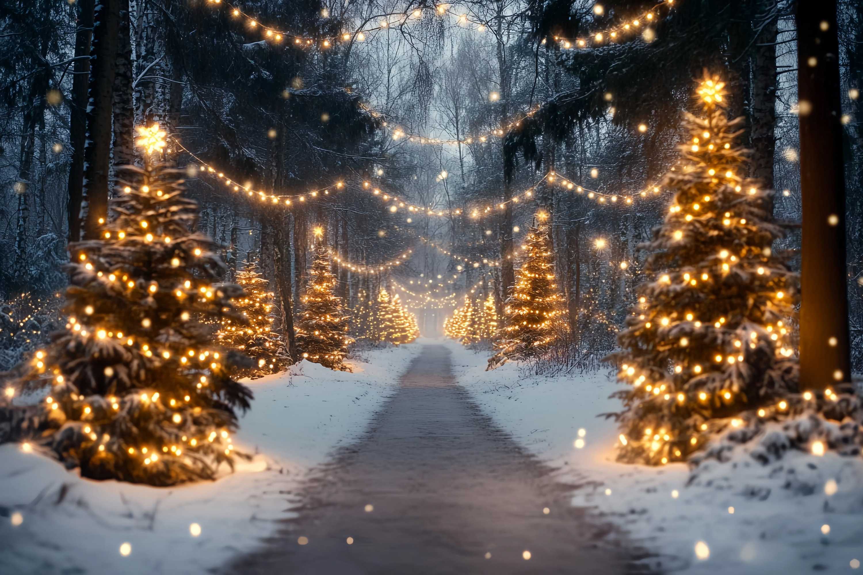 Christmas Tree Farm Backdrop Snowy Forest Pathway Golden Lights Christmas Photo Backdrops UK TWW58-89