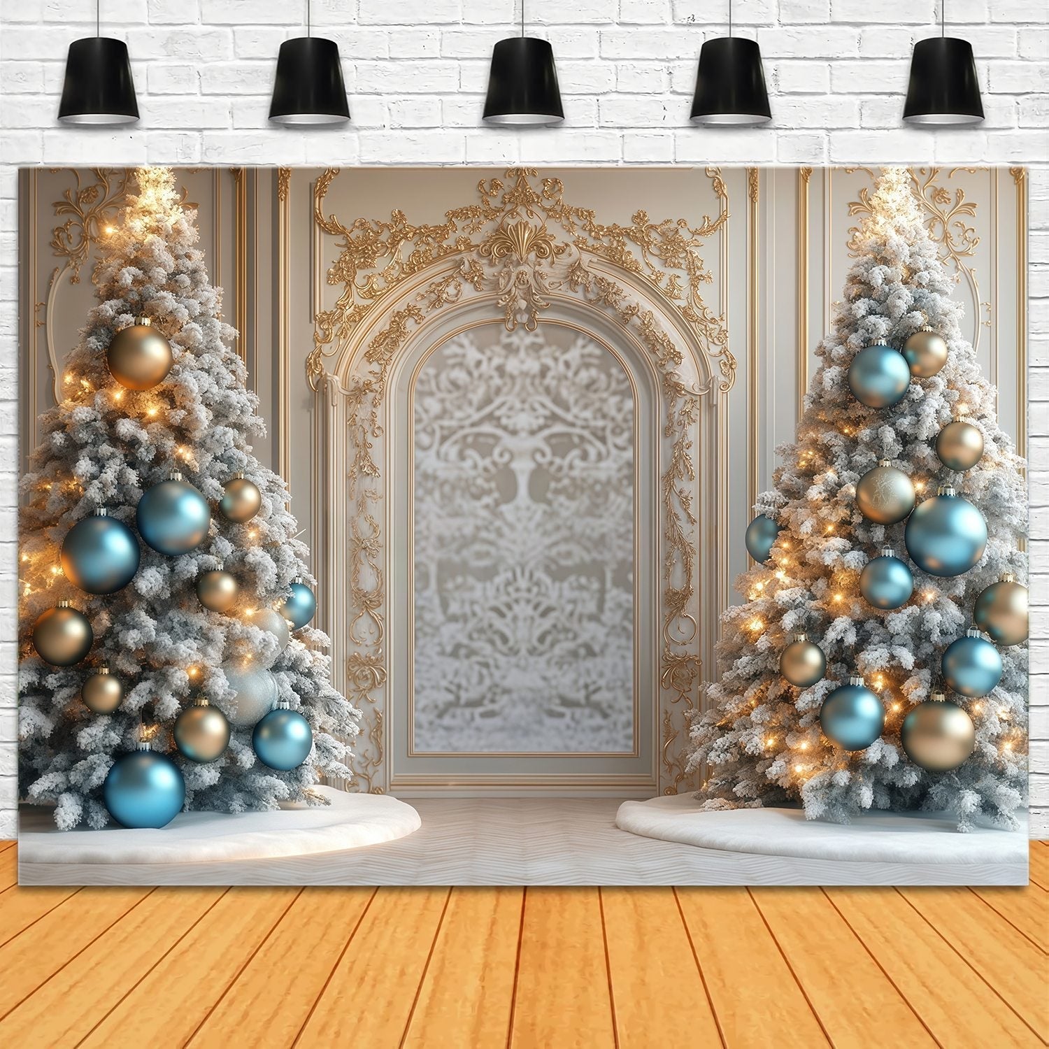 Christmas Tree Backdrop Golden Trim Frosted Trees Archway Christmas Backdrops for Photography UK TWW58-97