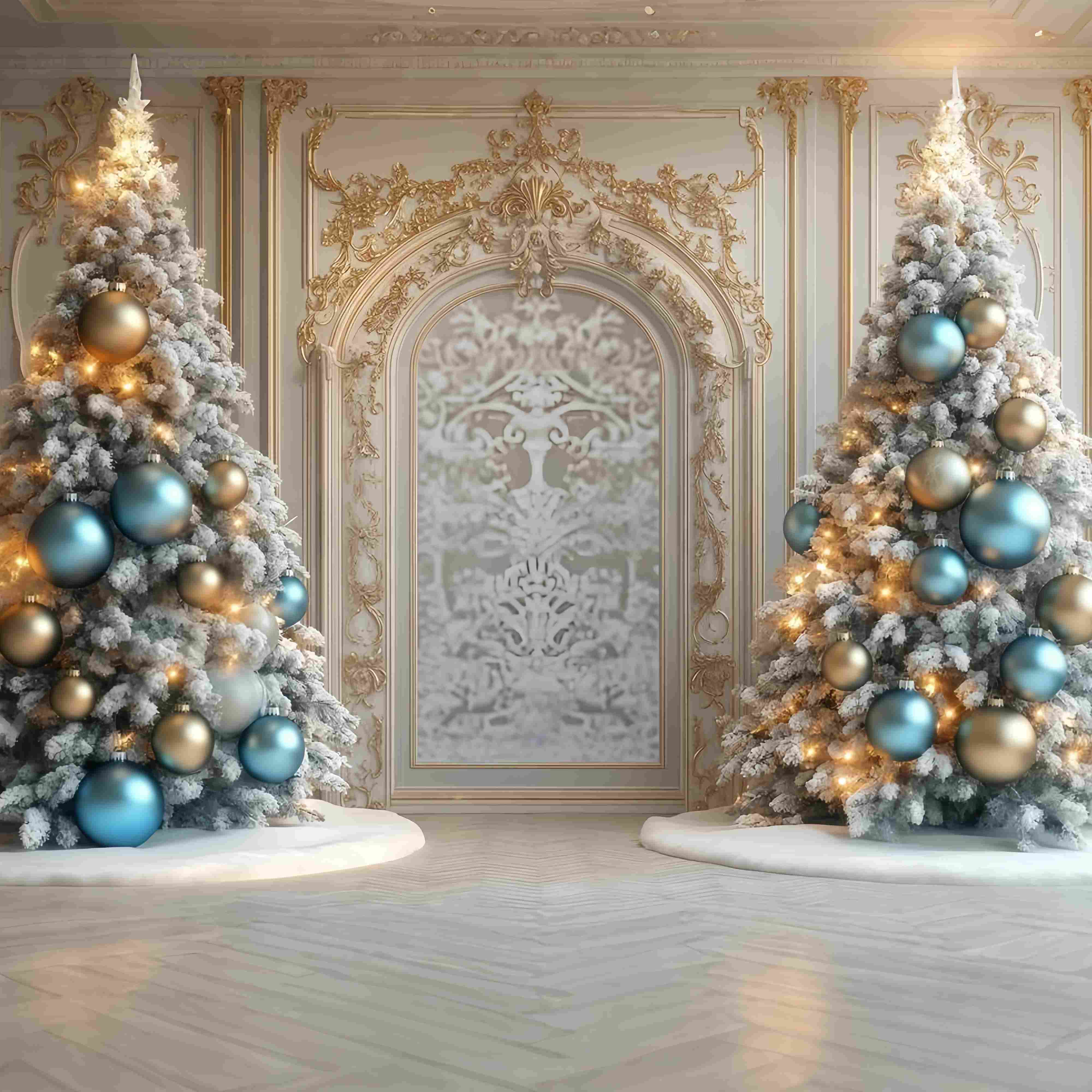 Christmas Tree Backdrop Golden Trim Frosted Trees Archway Christmas Backdrops for Photography UK TWW58-97