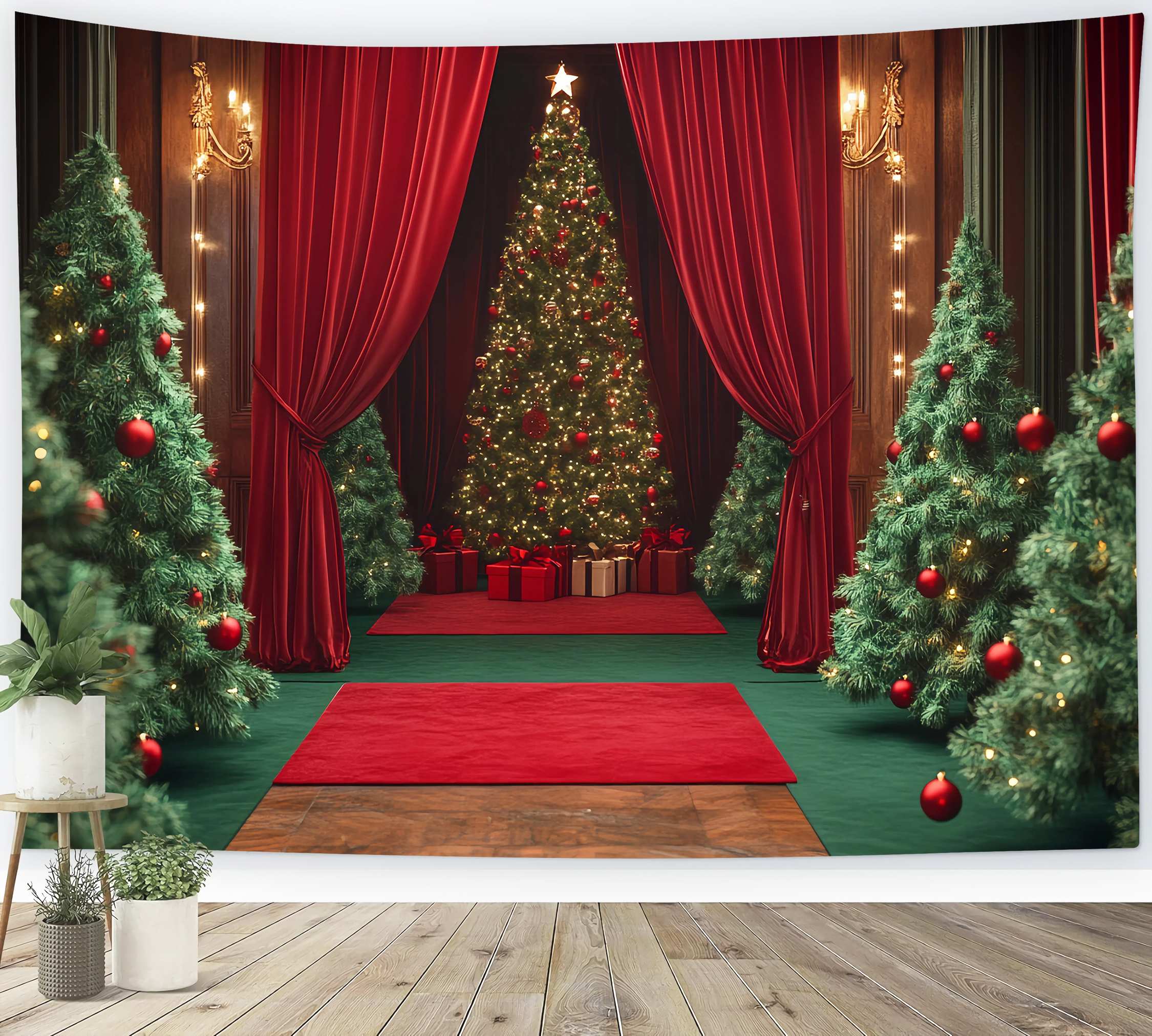 Christmas Tree Backdrop Velvet Curtain Red Ornament Trees Professional Christmas Backdrops UK TWW58-98