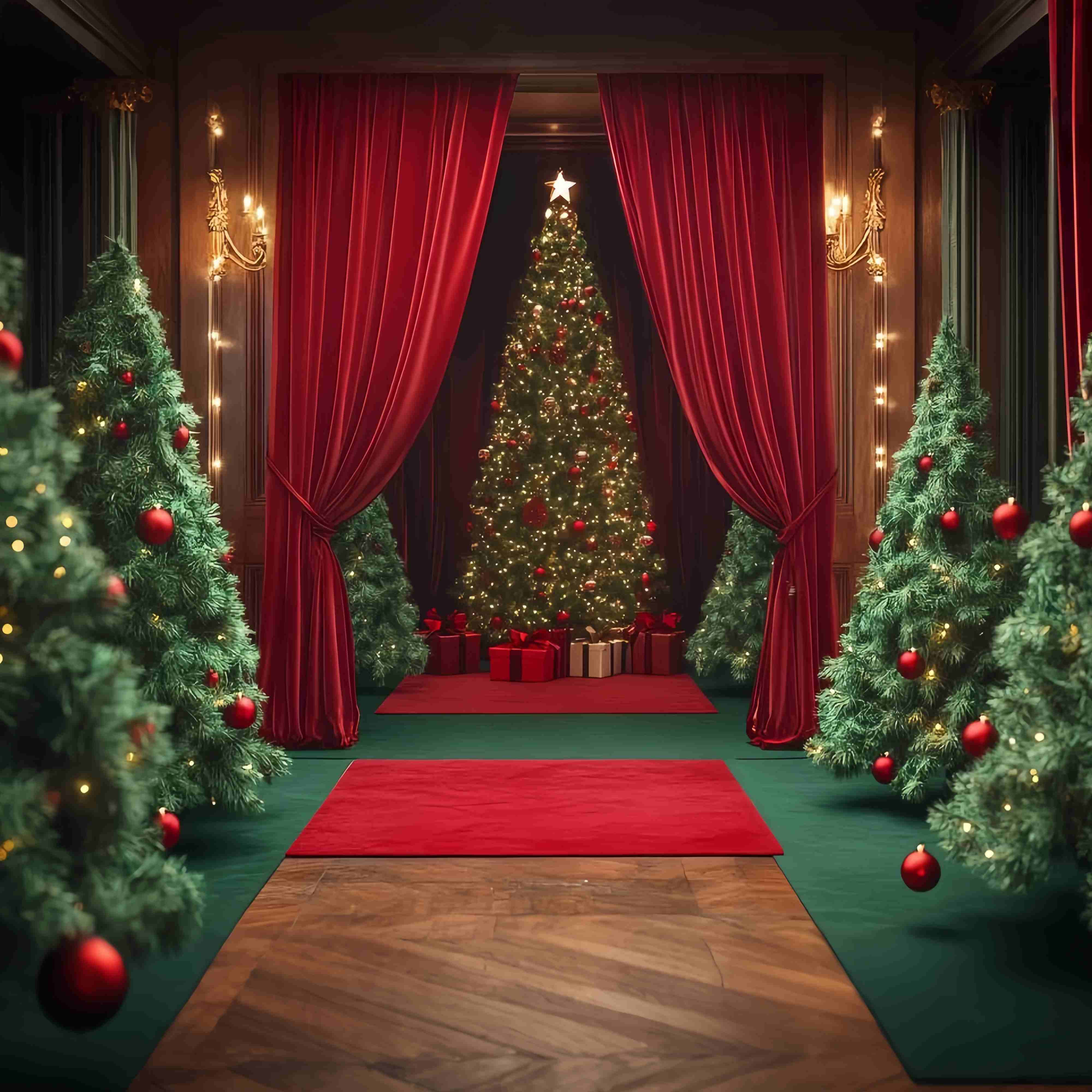 Christmas Tree Backdrop Velvet Curtain Red Ornament Trees Professional Christmas Backdrops UK TWW58-98