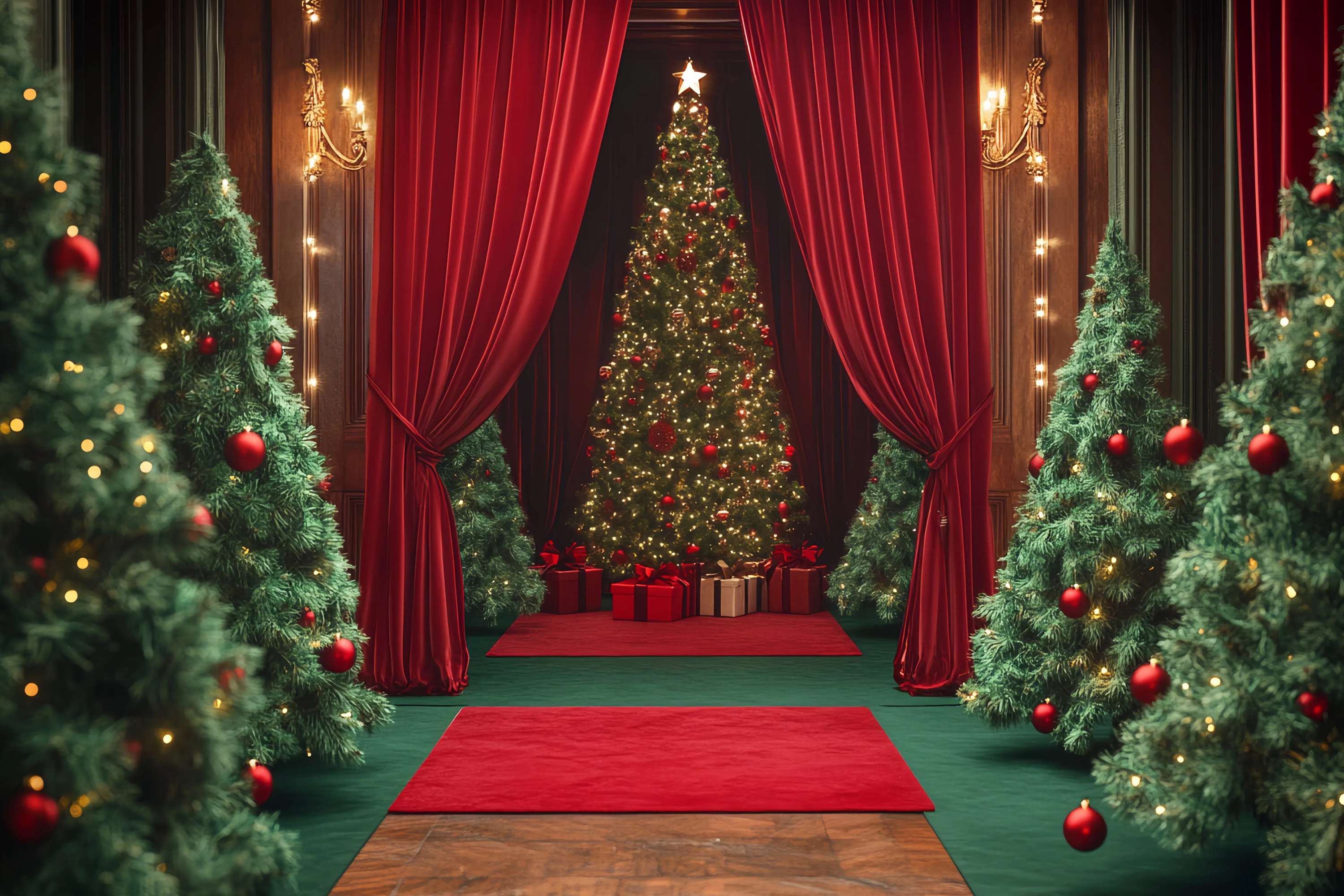 Christmas Tree Backdrop Velvet Curtain Red Ornament Trees Professional Christmas Backdrops UK TWW58-98