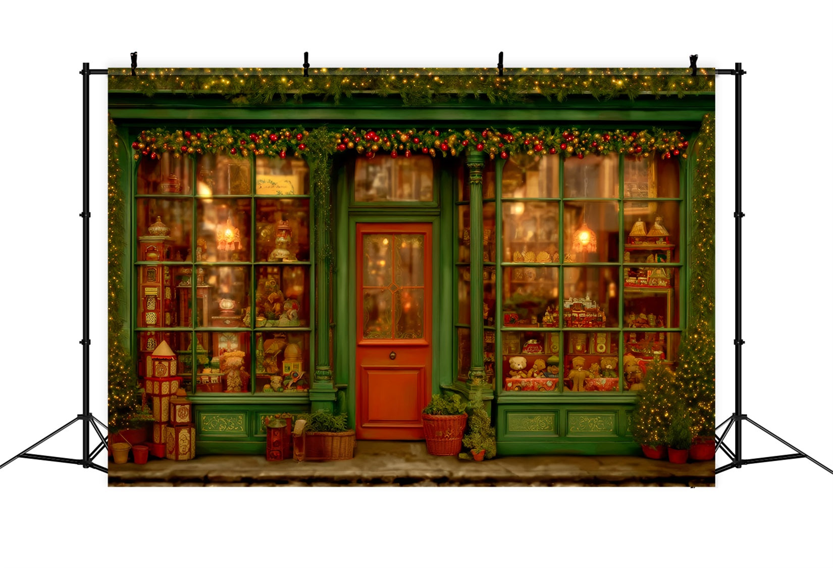 Toy Store Backdrop Vintage Green Window Toy Shop Christmas Backdrops UK TWW59-106