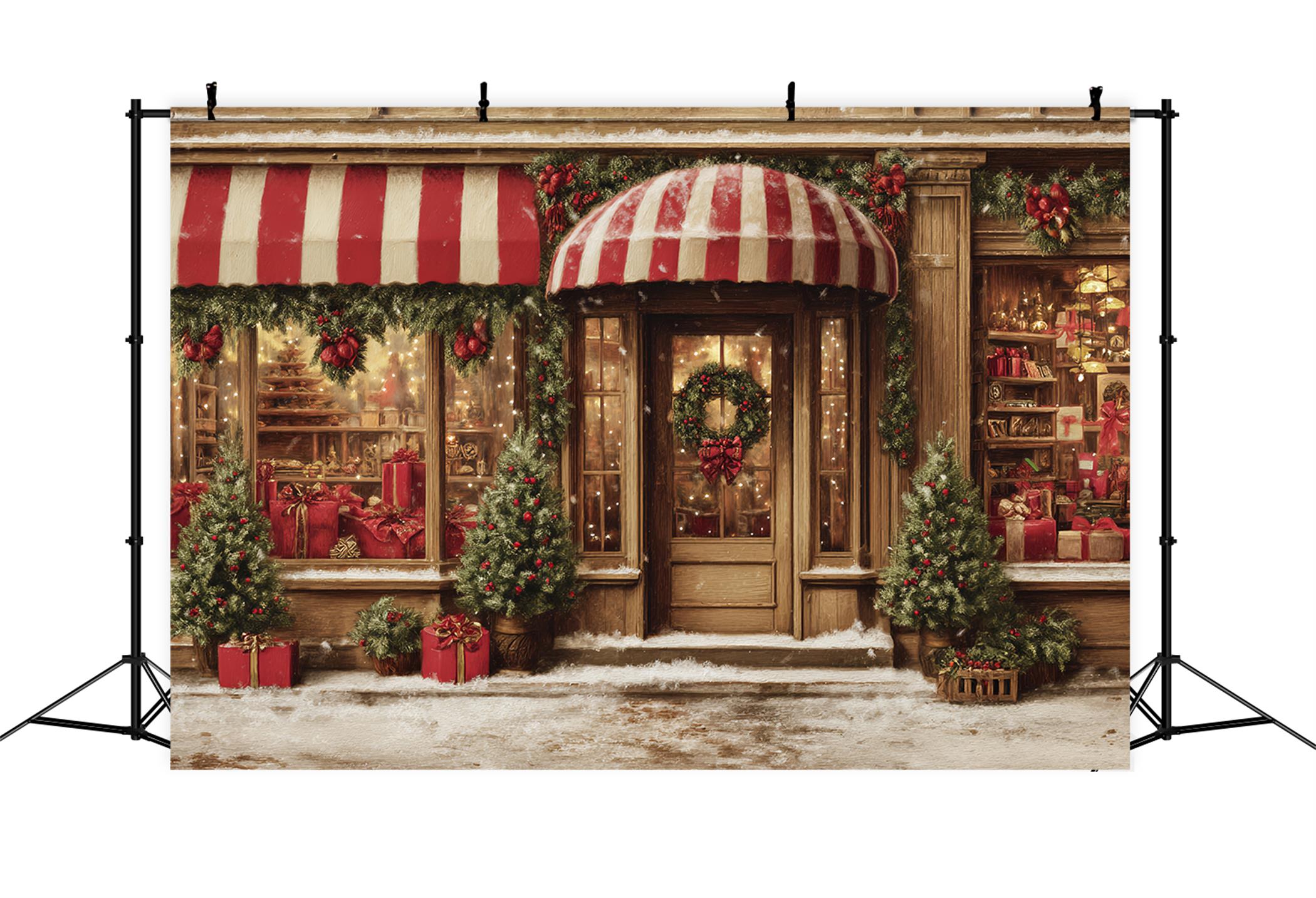 Toy Store Backdrop Candy Cane Gift Shopfront Christmas Photography Backdrops UK TWW59-109