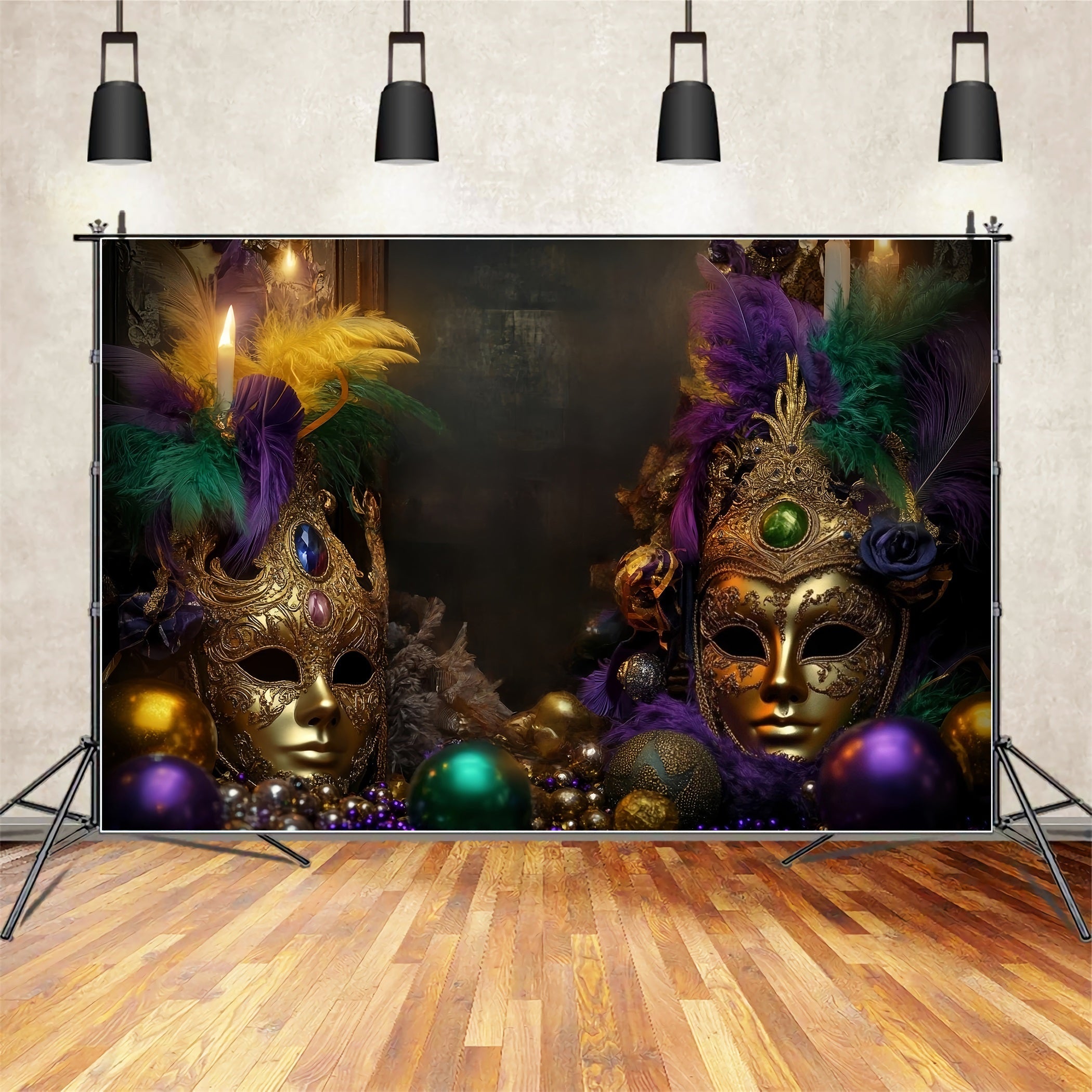 Mask Carnival Backdrop Golden Feathered Masquerade Carnival Backdrop UK TWW59-11