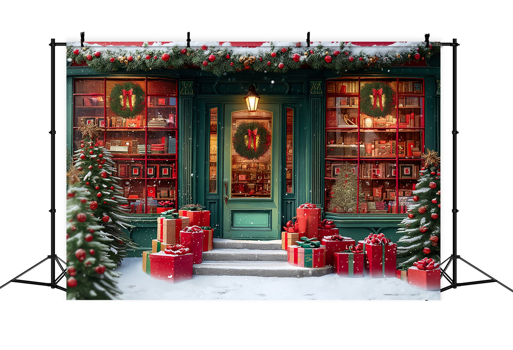 Toy Store Backdrop Festive Bookstore Snowy Entrance Christmas Photo Backdrops UK TWW59-110