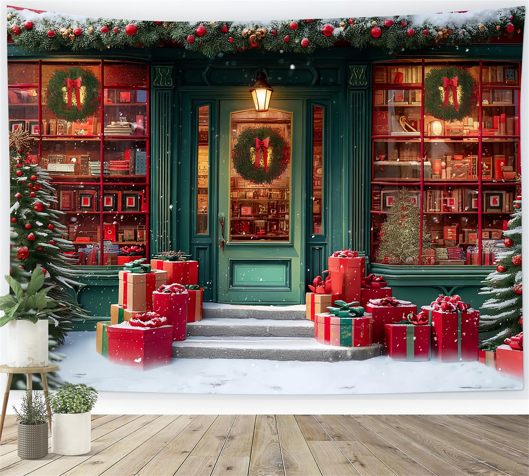 Toy Store Backdrop Festive Bookstore Snowy Entrance Christmas Photo Backdrops UK TWW59-110
