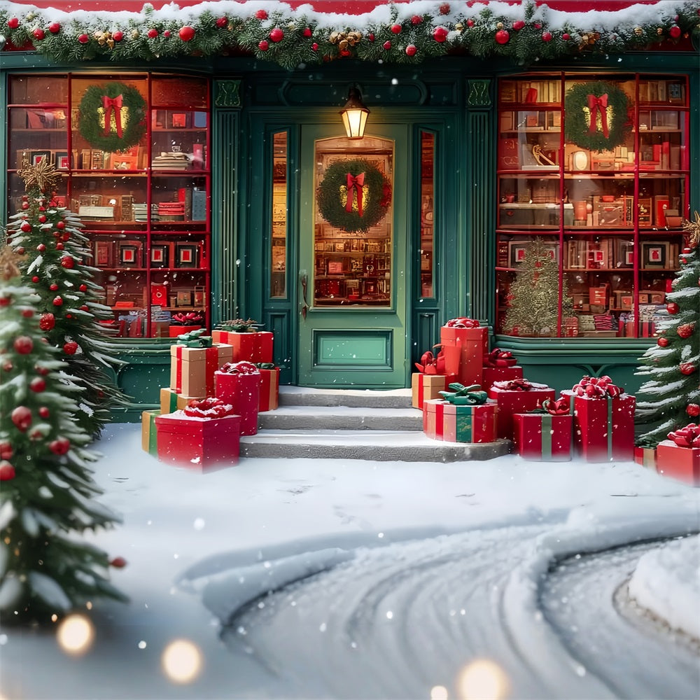 Toy Store Backdrop Festive Bookstore Snowy Entrance Christmas Photo Backdrops UK TWW59-110